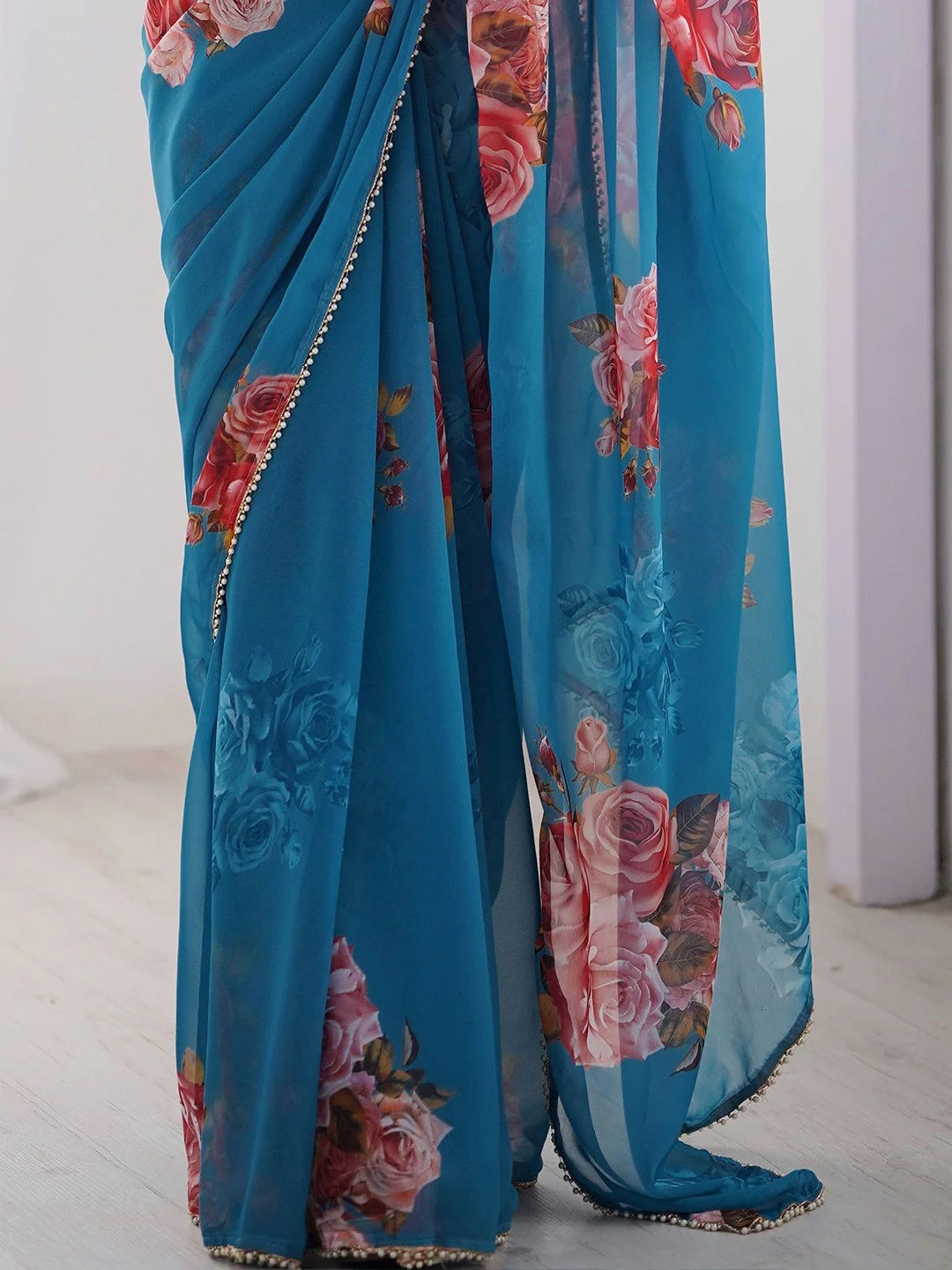 SHYAMIKA Blue Digital Flower Printed Georgette Saree with Moti Lace & Blouse