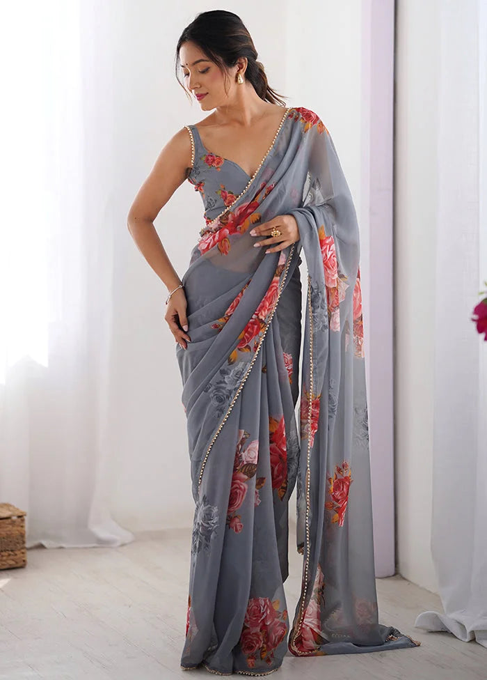 SHYAMIKA Grey Digital Flower Printed Georgette Saree with Moti Lace & Blouse