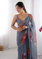 SHYAMIKA Grey Digital Flower Printed Georgette Saree with Moti Lace & Blouse