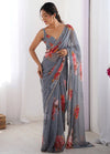 SHYAMIKA Grey Digital Flower Printed Georgette Saree with Moti Lace & Blouse