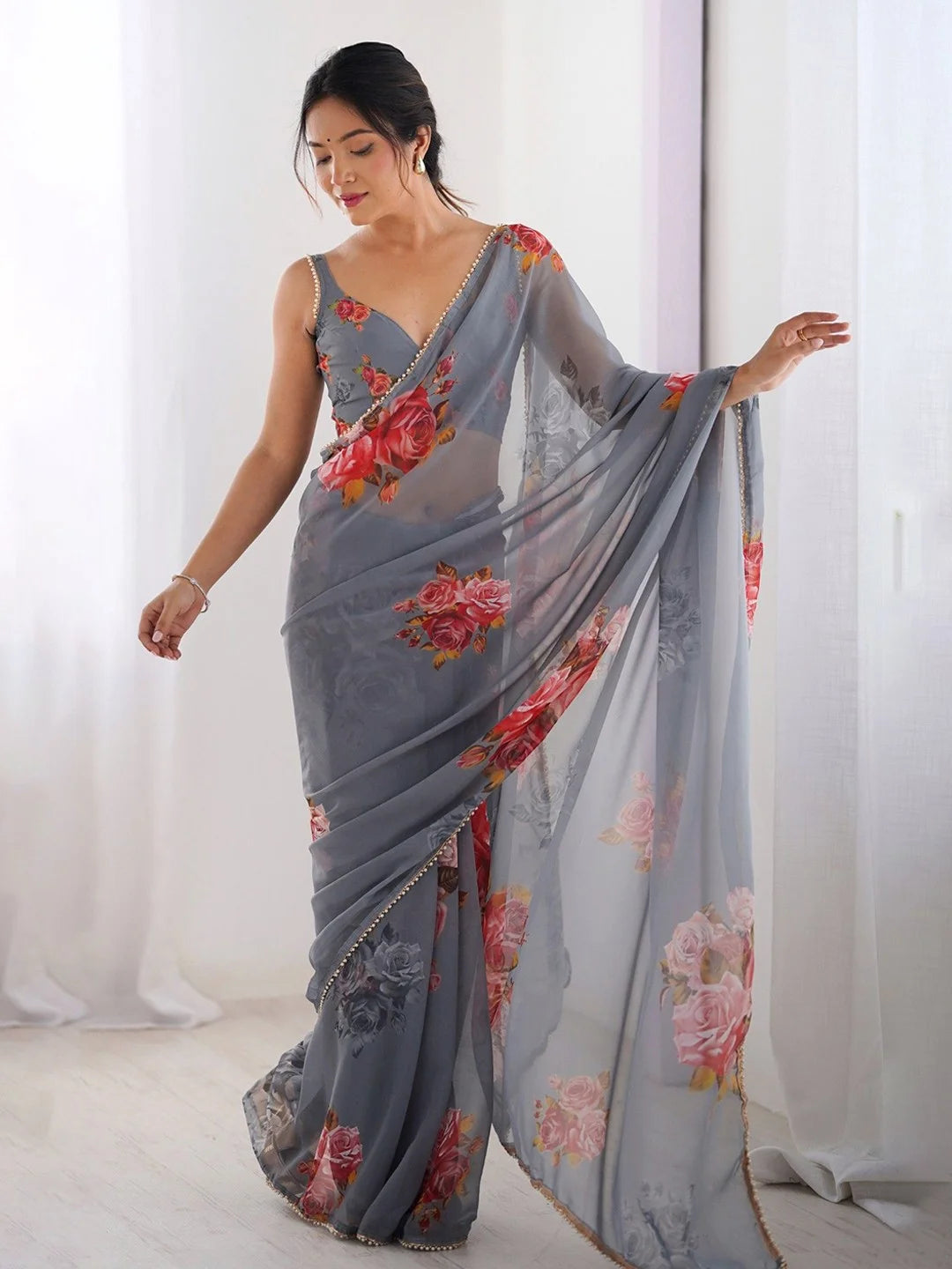 SHYAMIKA Grey Digital Flower Printed Georgette Saree with Moti Lace & Blouse