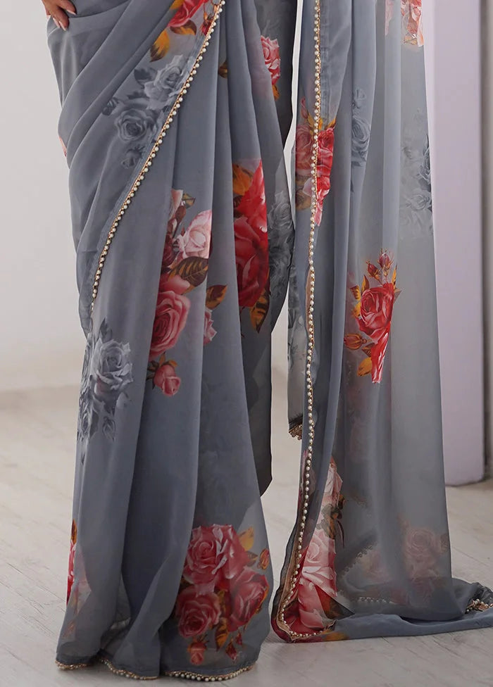 SHYAMIKA Grey Digital Flower Printed Georgette Saree with Moti Lace & Blouse