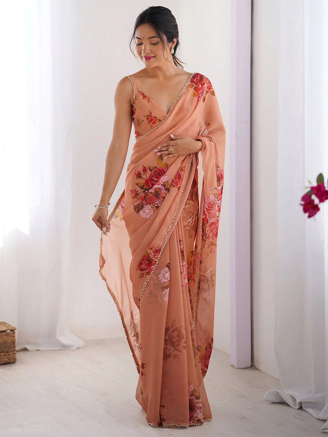 SHYAMIKA Peach Digital Flower Printed Georgette Saree with Moti Lace & Blouse
