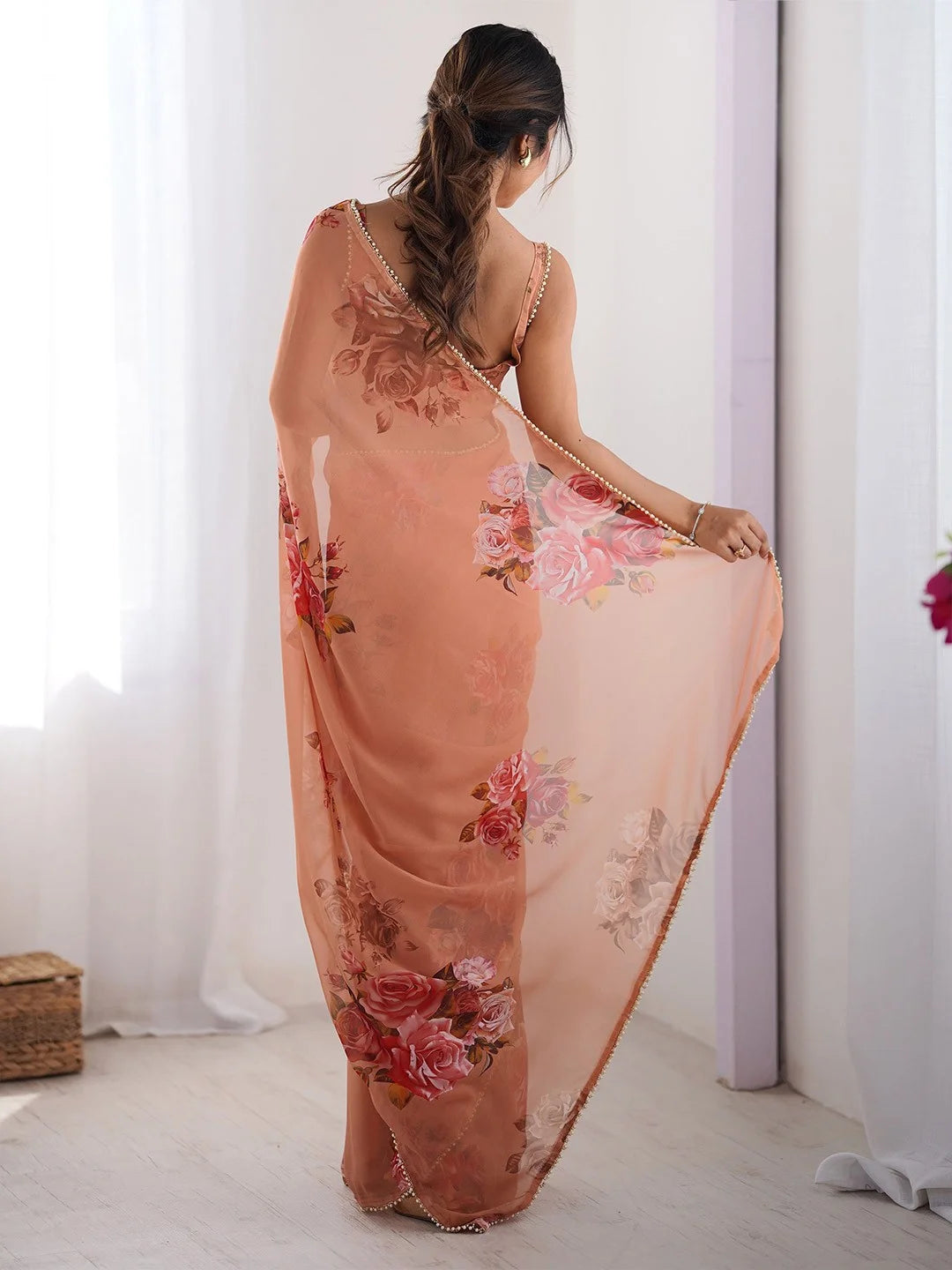 SHYAMIKA Peach Digital Flower Printed Georgette Saree with Moti Lace & Blouse