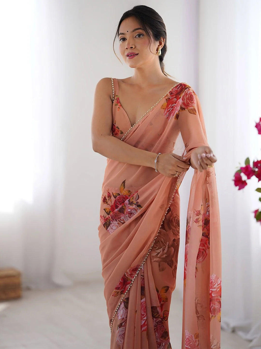 SHYAMIKA Peach Digital Flower Printed Georgette Saree with Moti Lace & Blouse