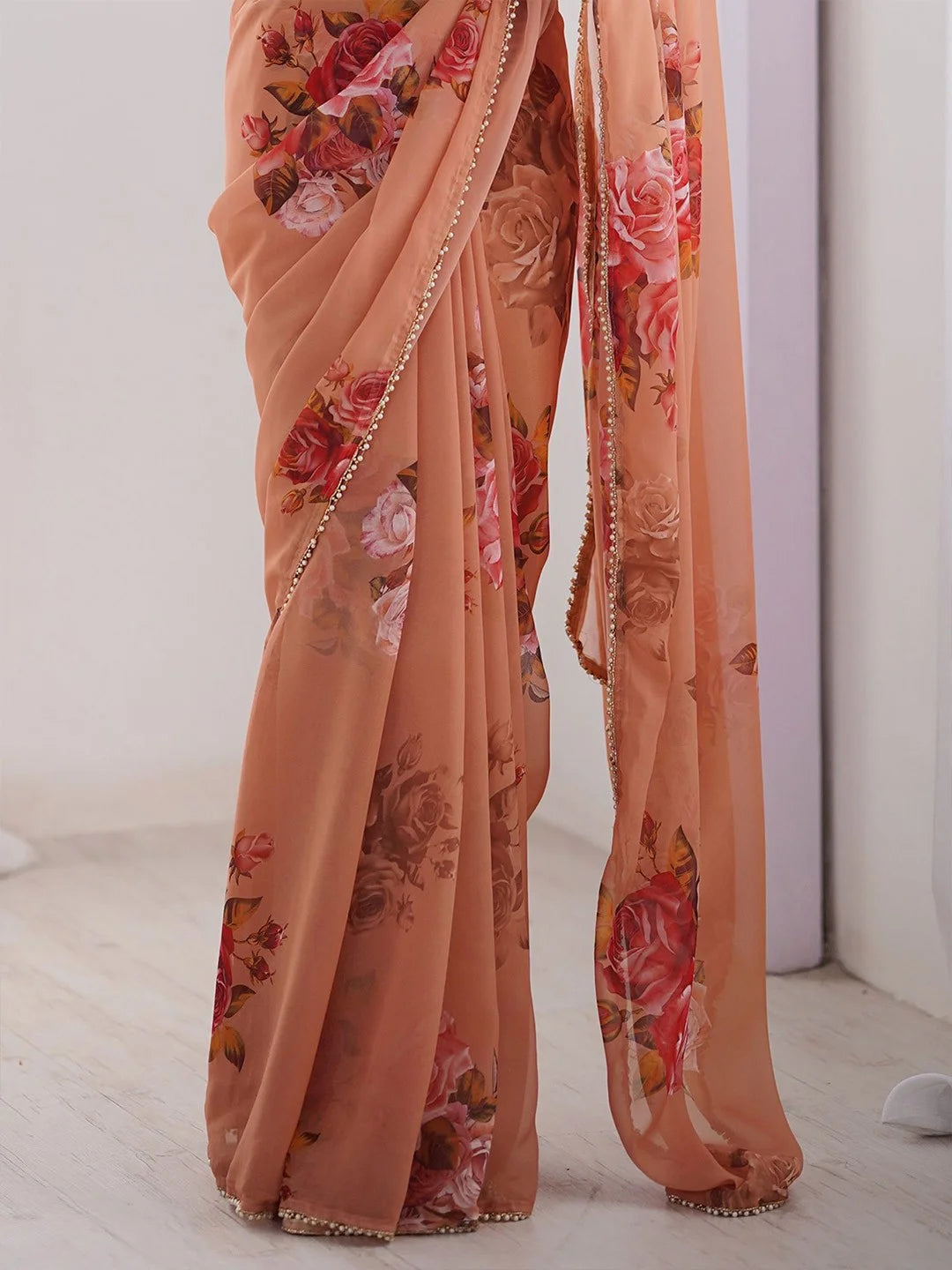 SHYAMIKA Peach Digital Flower Printed Georgette Saree with Moti Lace & Blouse