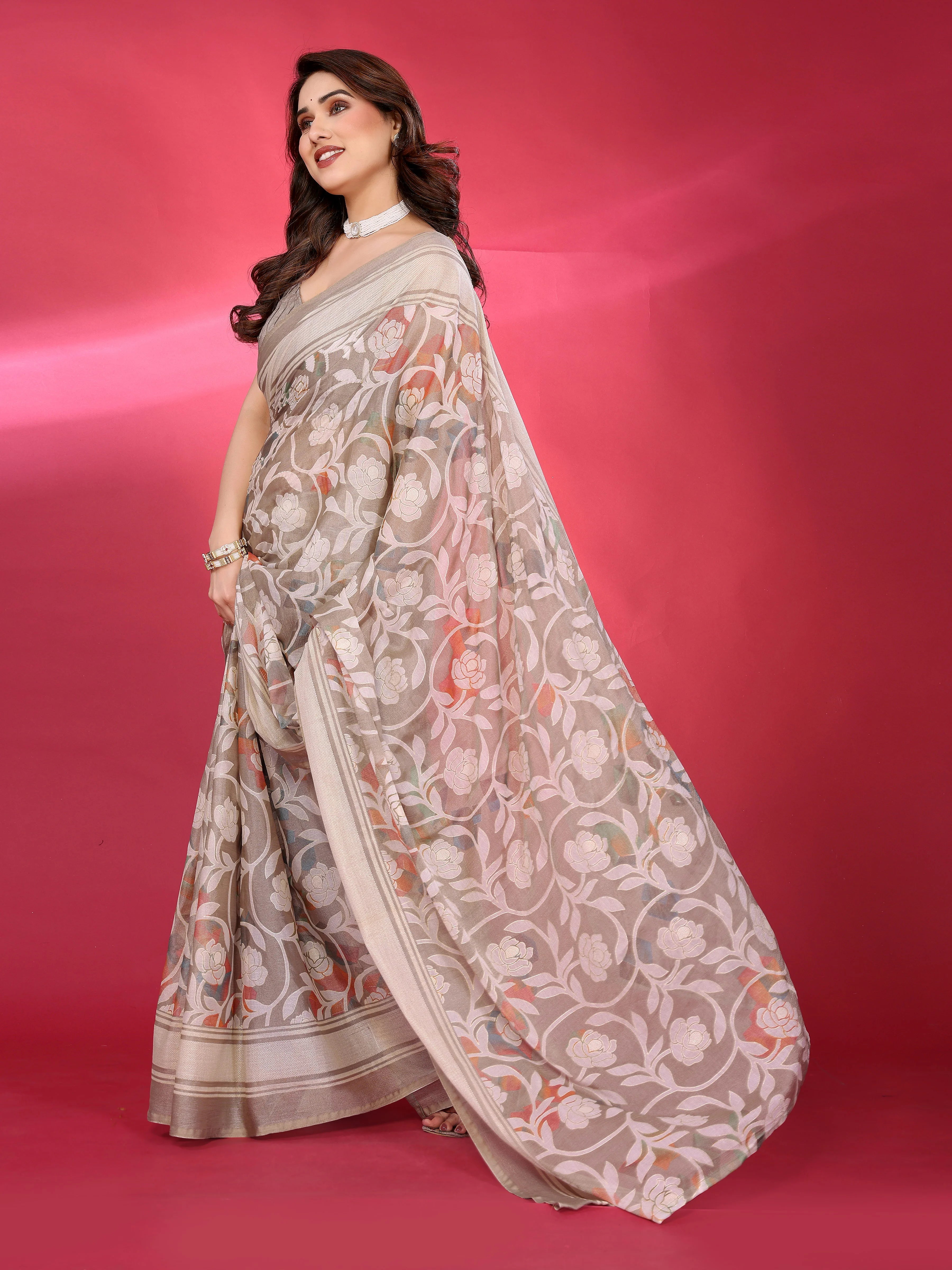 SHYAMIKA Chiffon Brasso Printed Saree with Foil Work & Embroidered Blouse