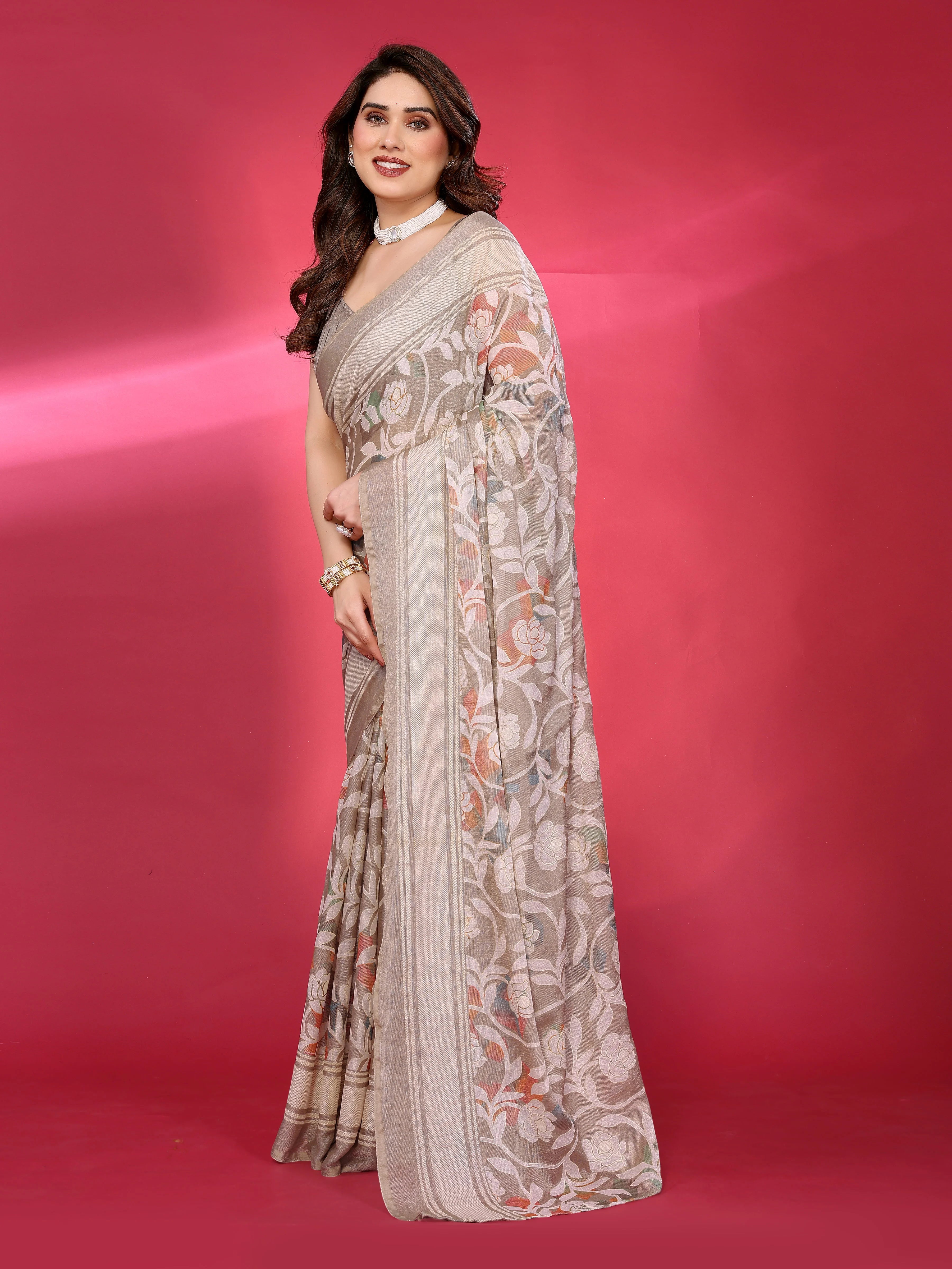 SHYAMIKA Chiffon Brasso Printed Saree with Foil Work & Embroidered Blouse