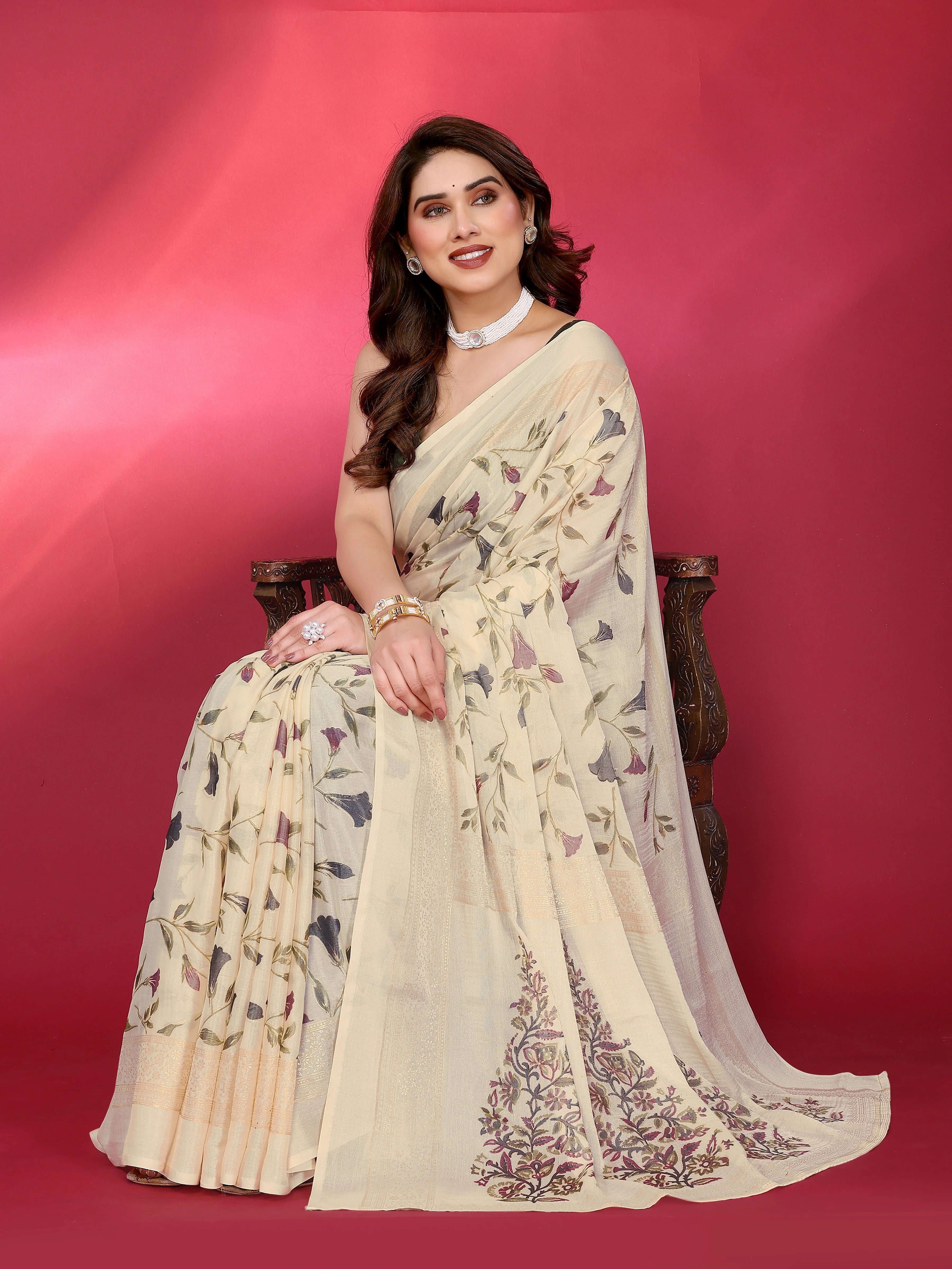 SHYAMIKA Chiffon Brasso Printed Saree with Foil Work & Embroidered Blouse