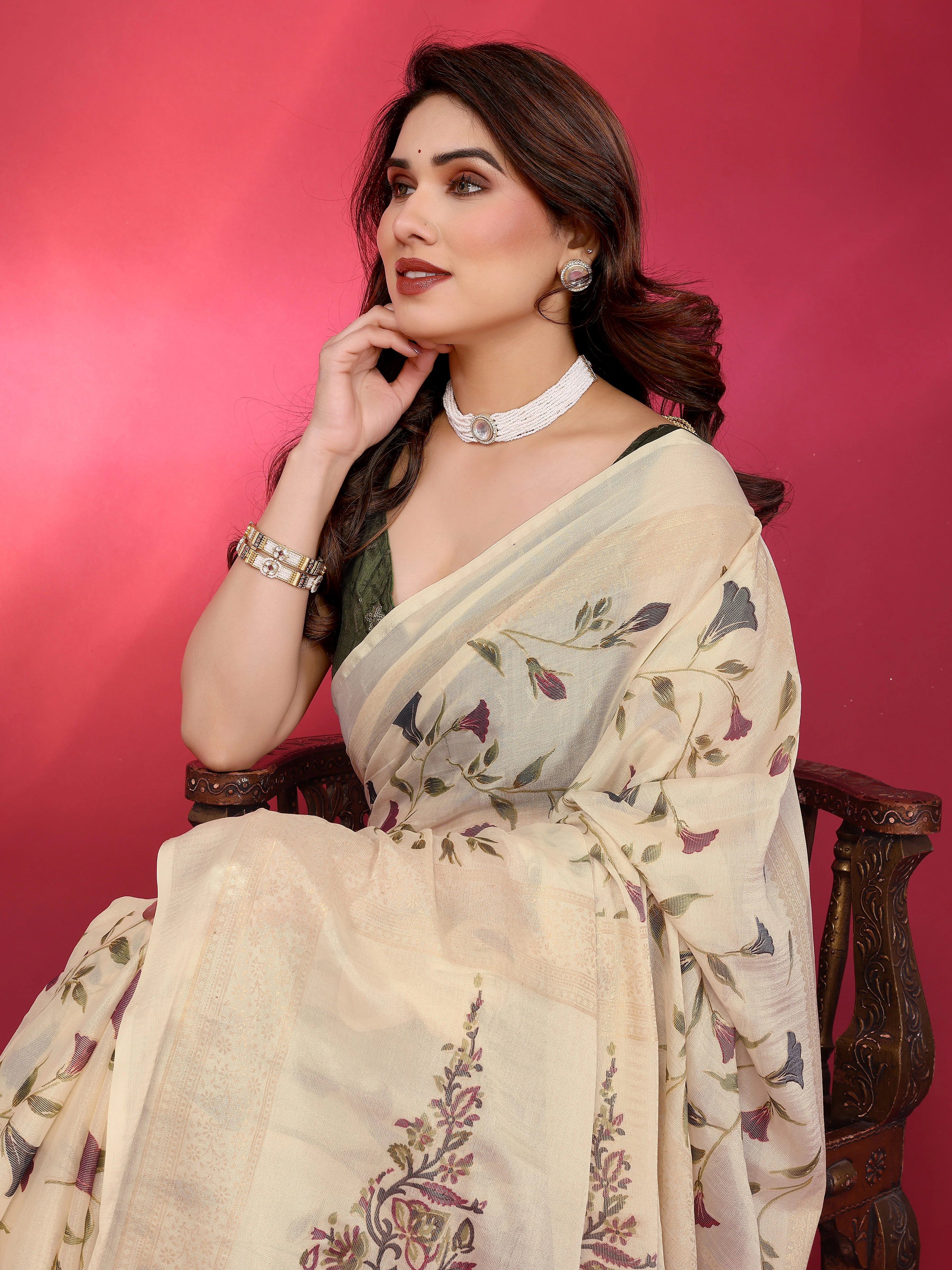 SHYAMIKA Chiffon Brasso Printed Saree with Foil Work & Embroidered Blouse