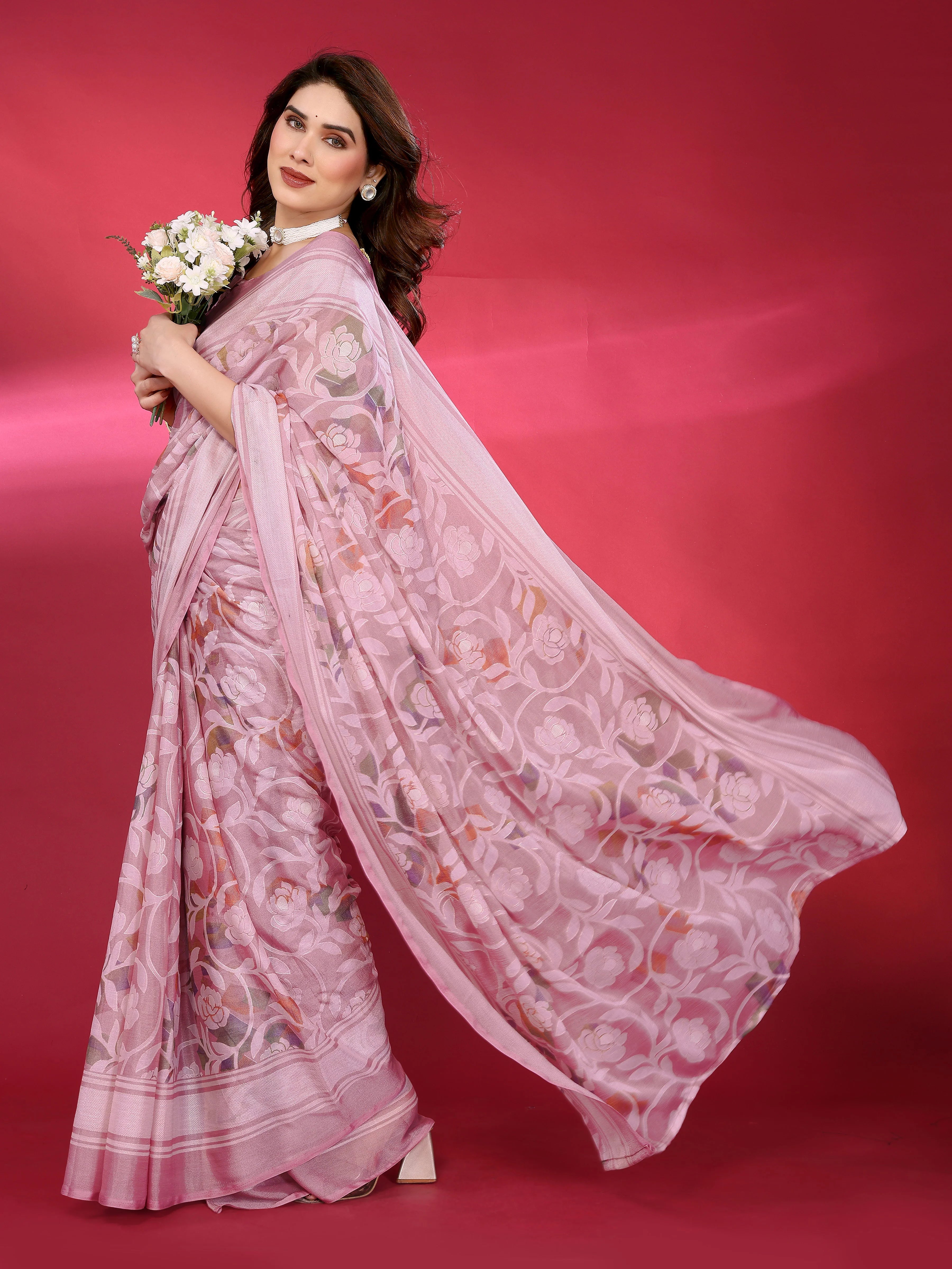 SHYAMIKA Chiffon Brasso Printed Saree with Foil Work & Embroidered Blouse