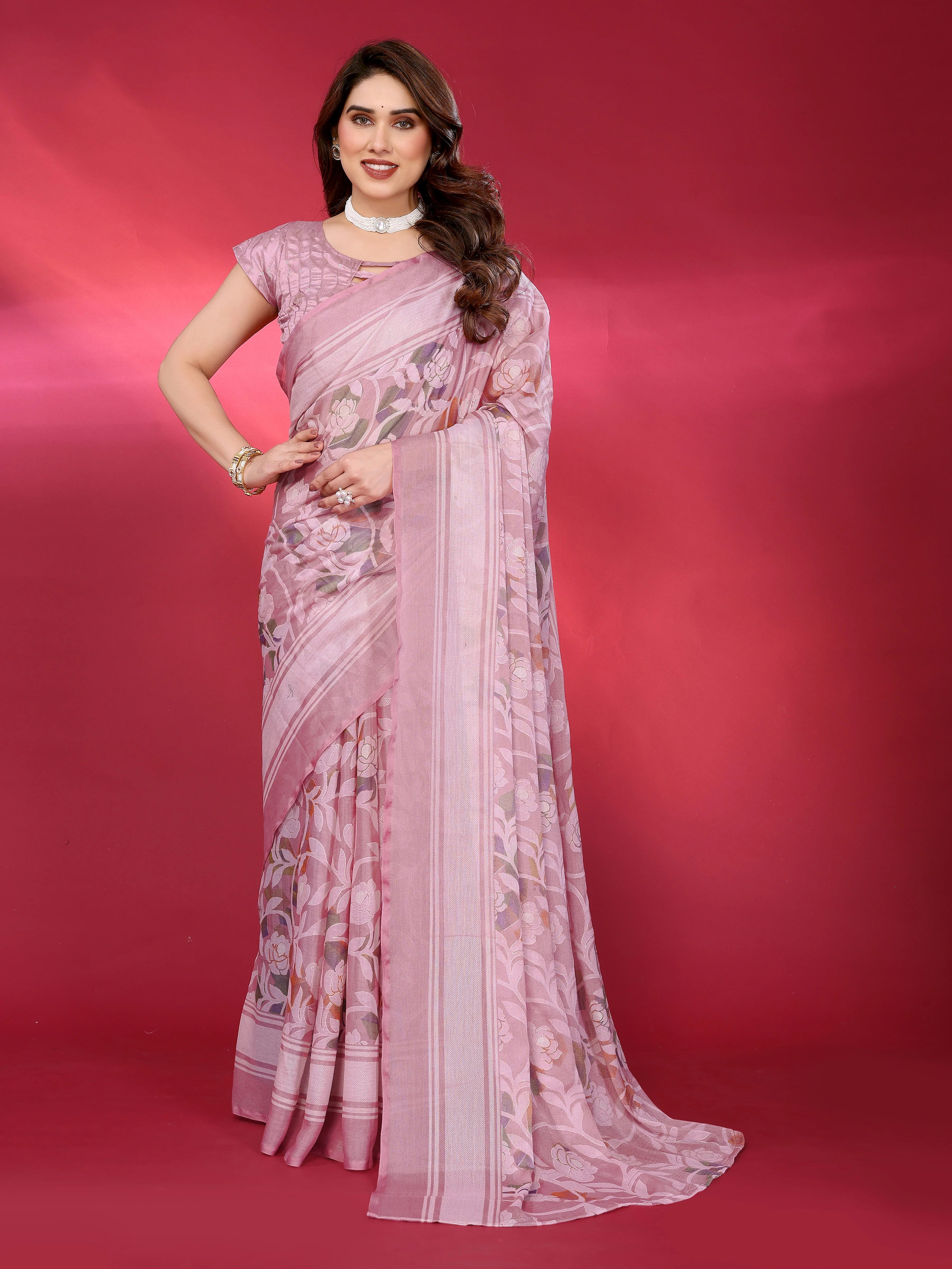 SHYAMIKA Chiffon Brasso Printed Saree with Foil Work & Embroidered Blouse
