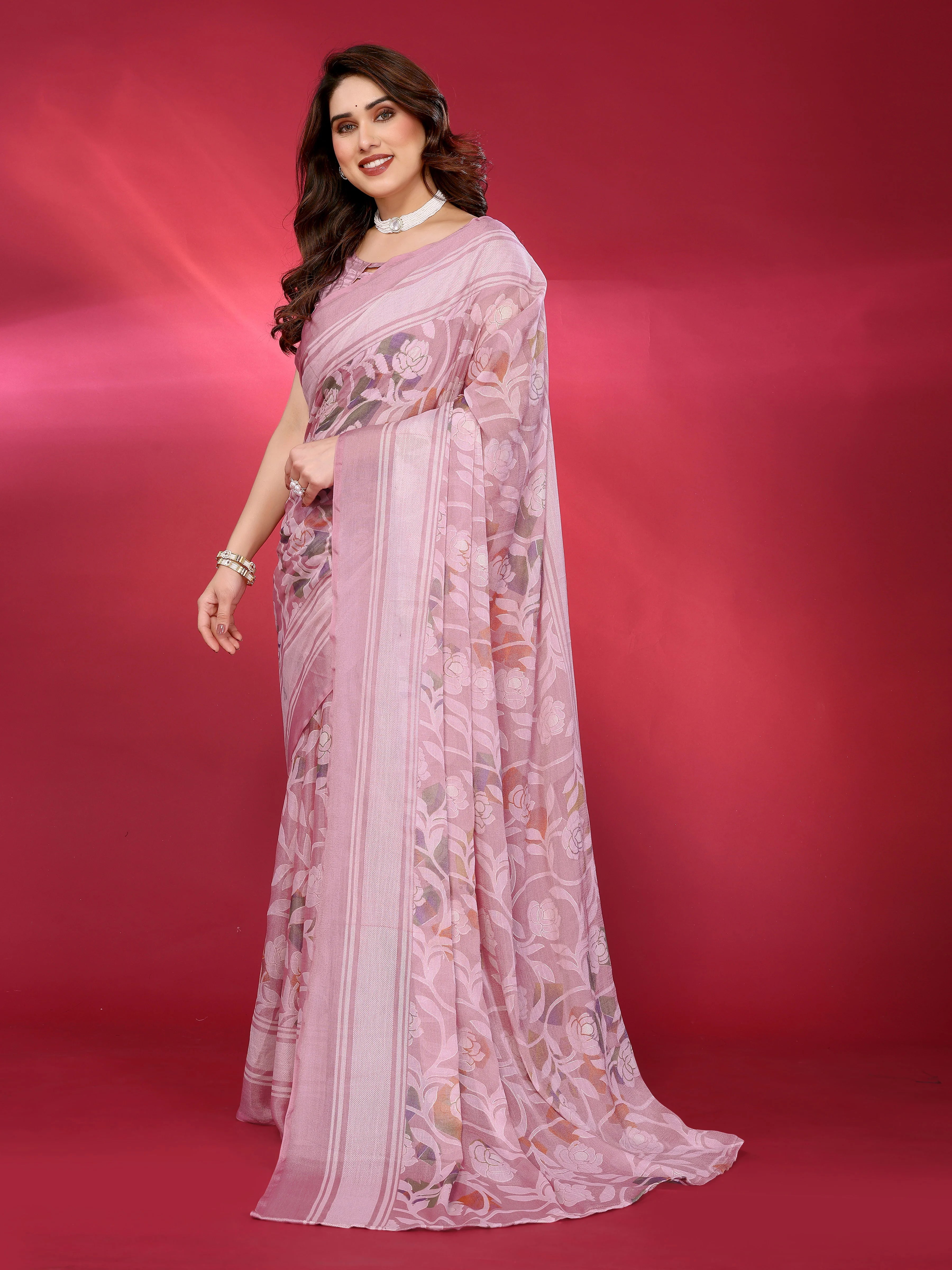 SHYAMIKA Chiffon Brasso Printed Saree with Foil Work & Embroidered Blouse