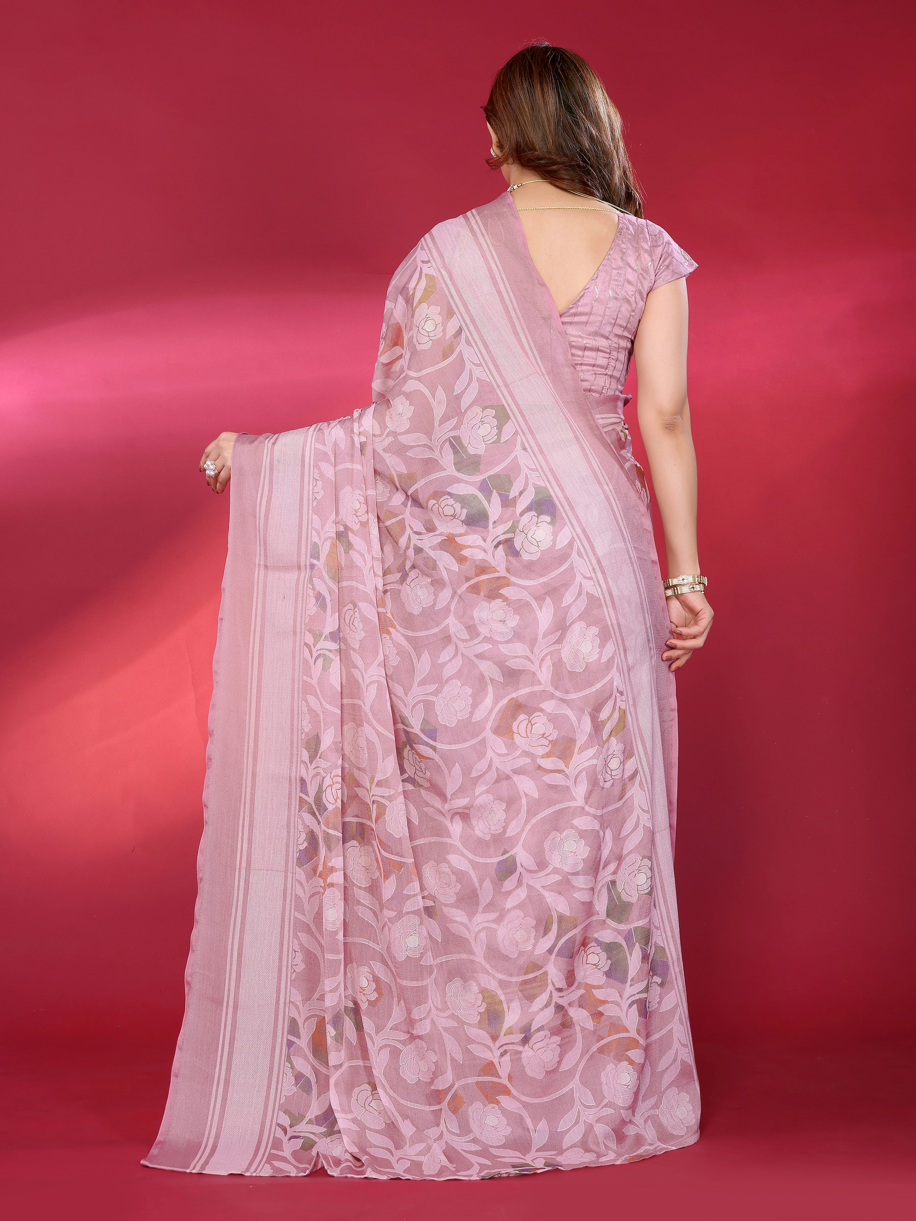 SHYAMIKA Chiffon Brasso Printed Saree with Foil Work & Embroidered Blouse