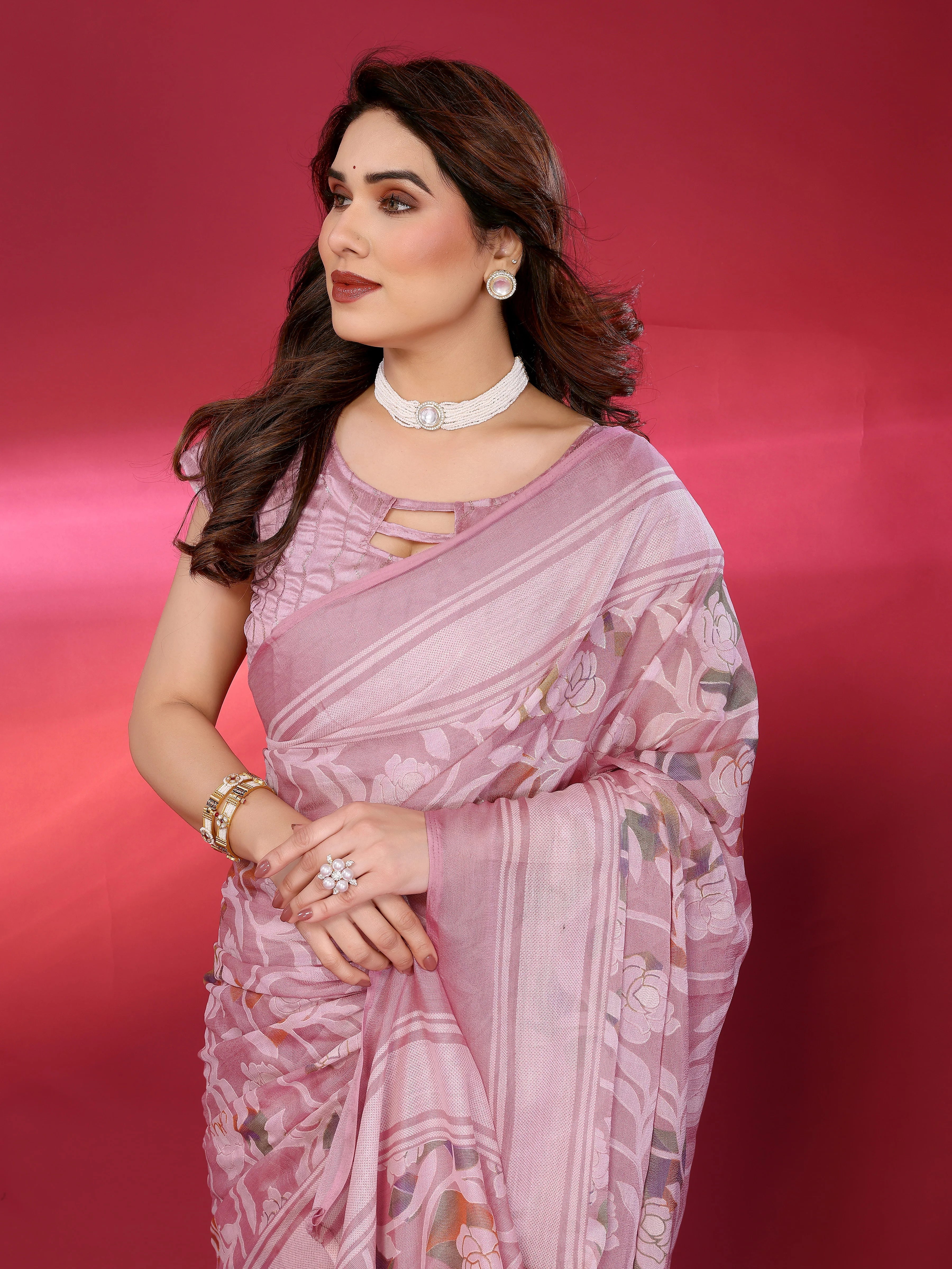 SHYAMIKA Chiffon Brasso Printed Saree with Foil Work & Embroidered Blouse