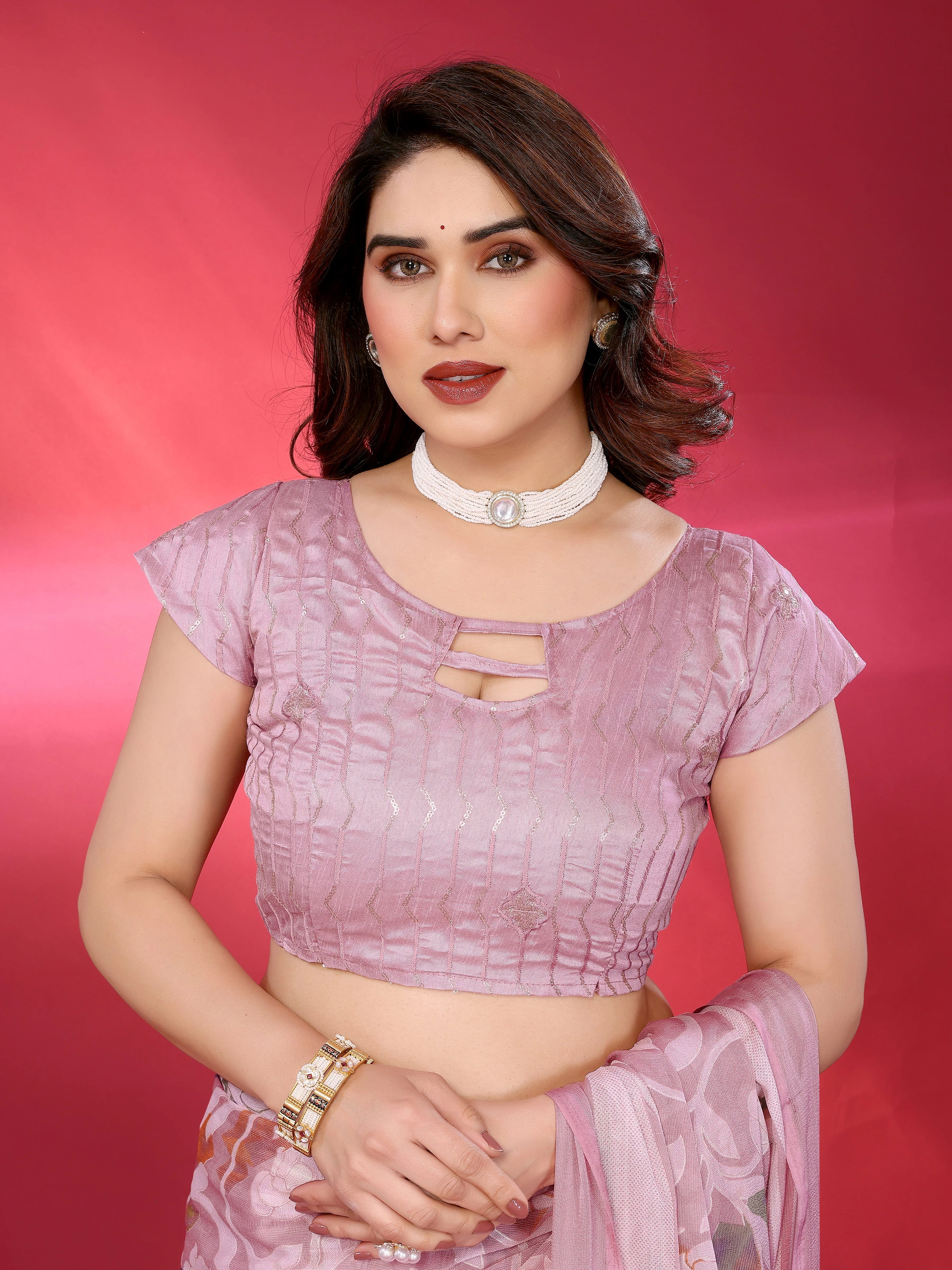 SHYAMIKA Chiffon Brasso Printed Saree with Foil Work & Embroidered Blouse