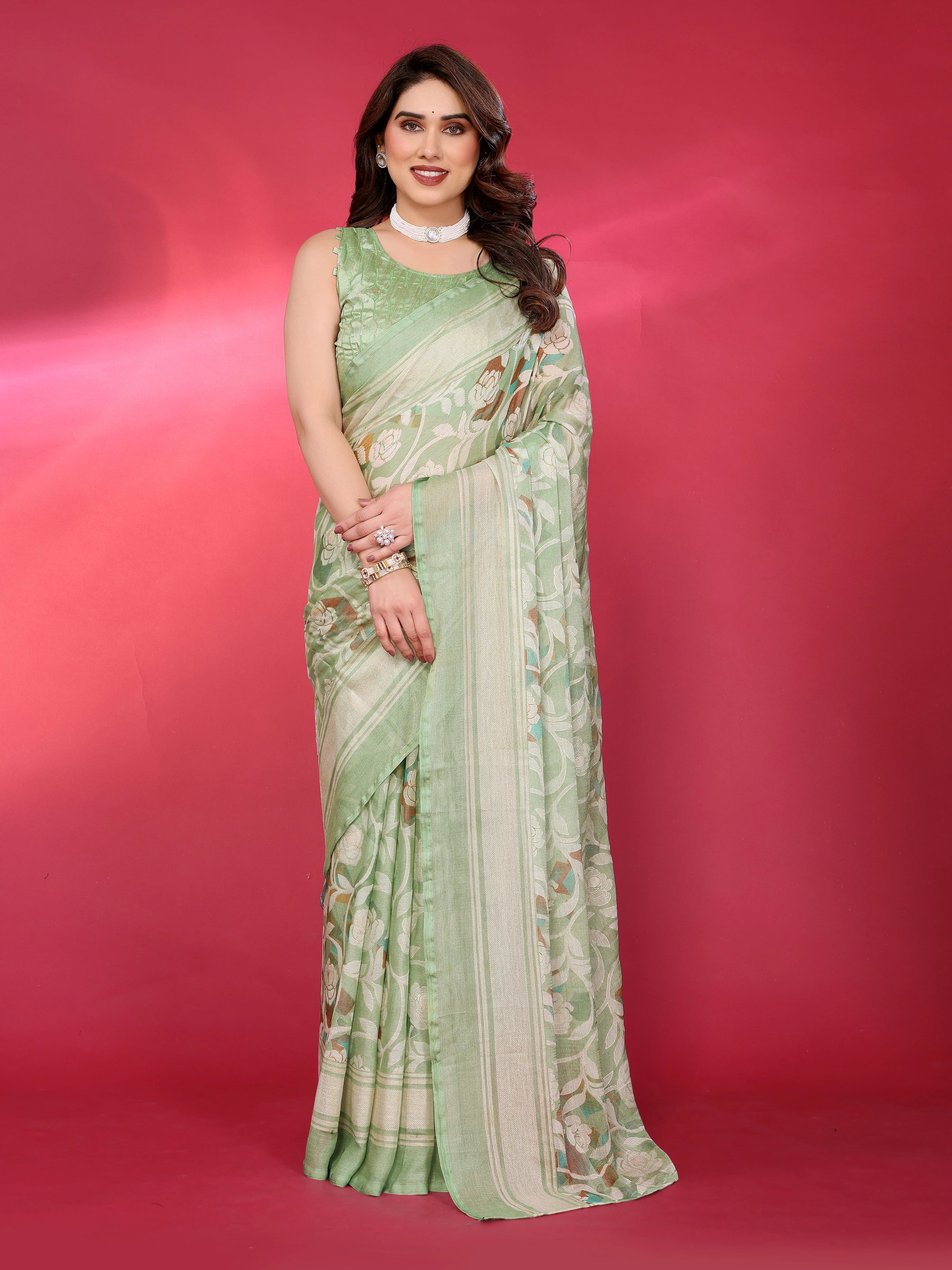 SHYAMIKA Chiffon Brasso Printed Saree with Foil Work & Embroidered Blouse
