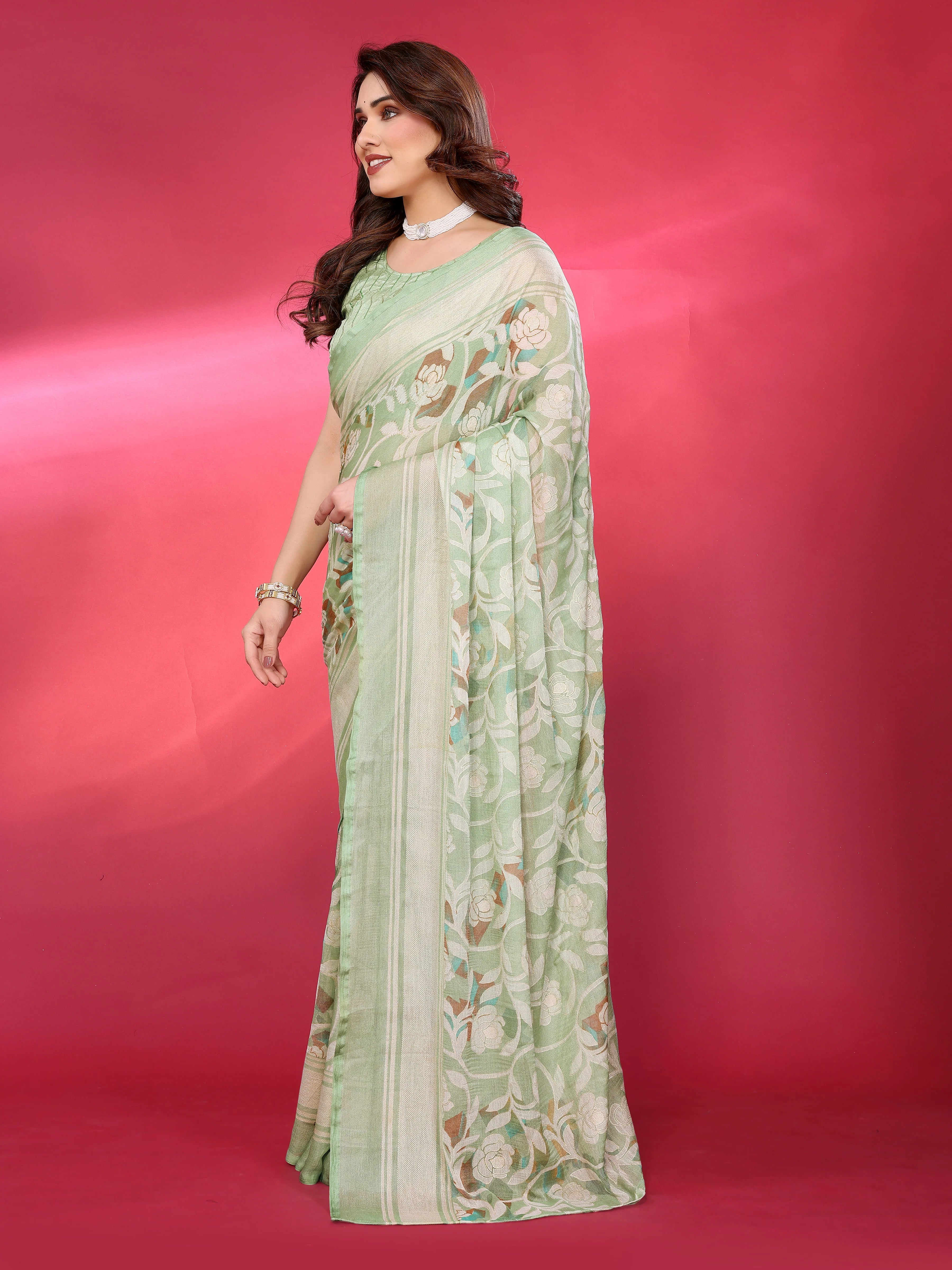 SHYAMIKA Chiffon Brasso Printed Saree with Foil Work & Embroidered Blouse