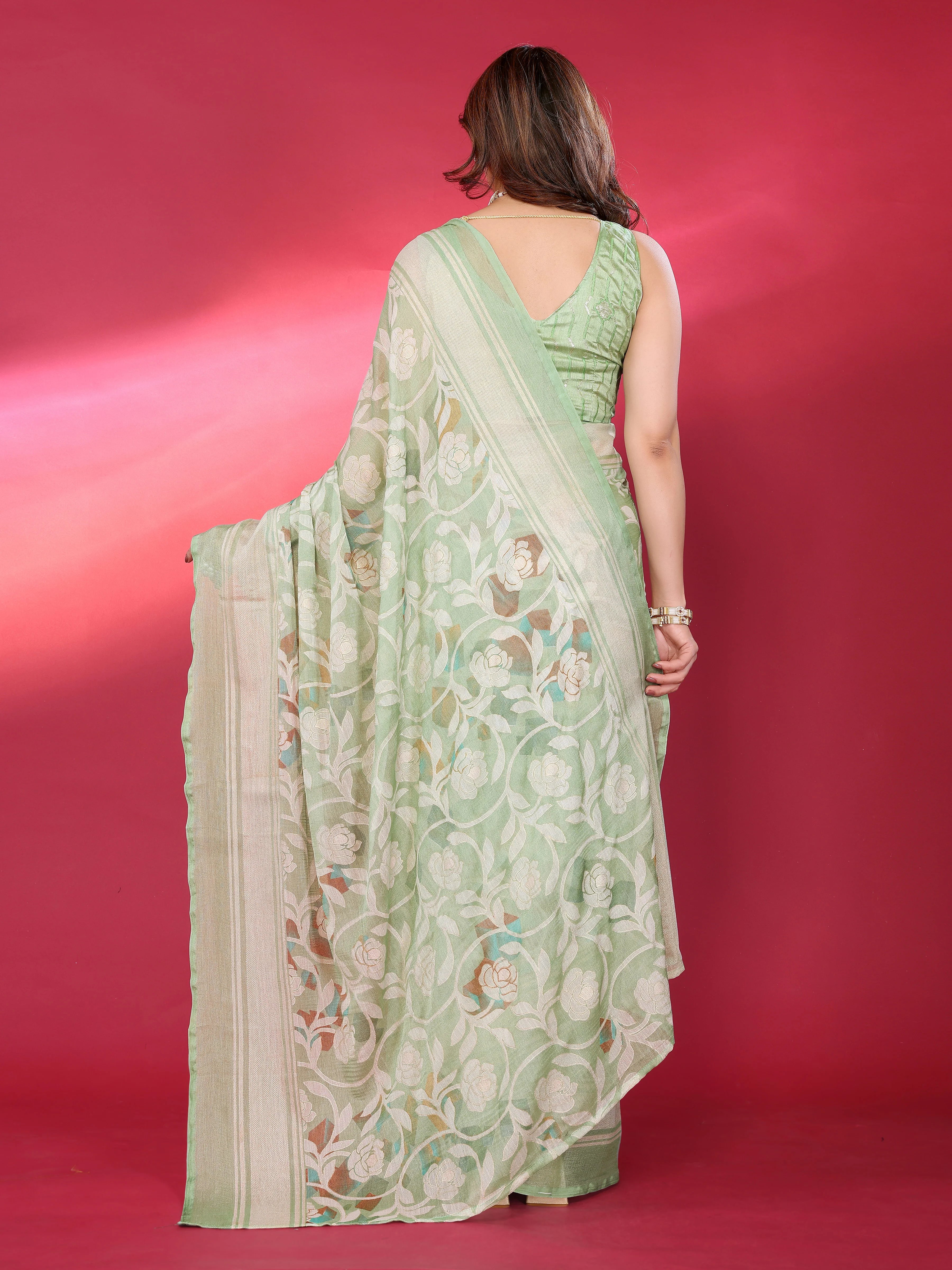 SHYAMIKA Chiffon Brasso Printed Saree with Foil Work & Embroidered Blouse