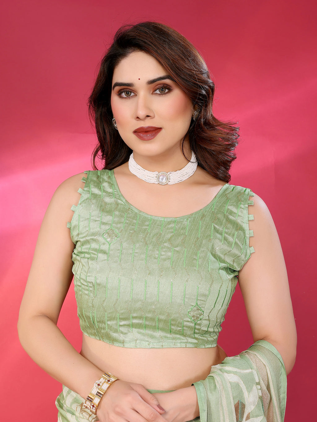 SHYAMIKA Chiffon Brasso Printed Saree with Foil Work & Embroidered Blouse