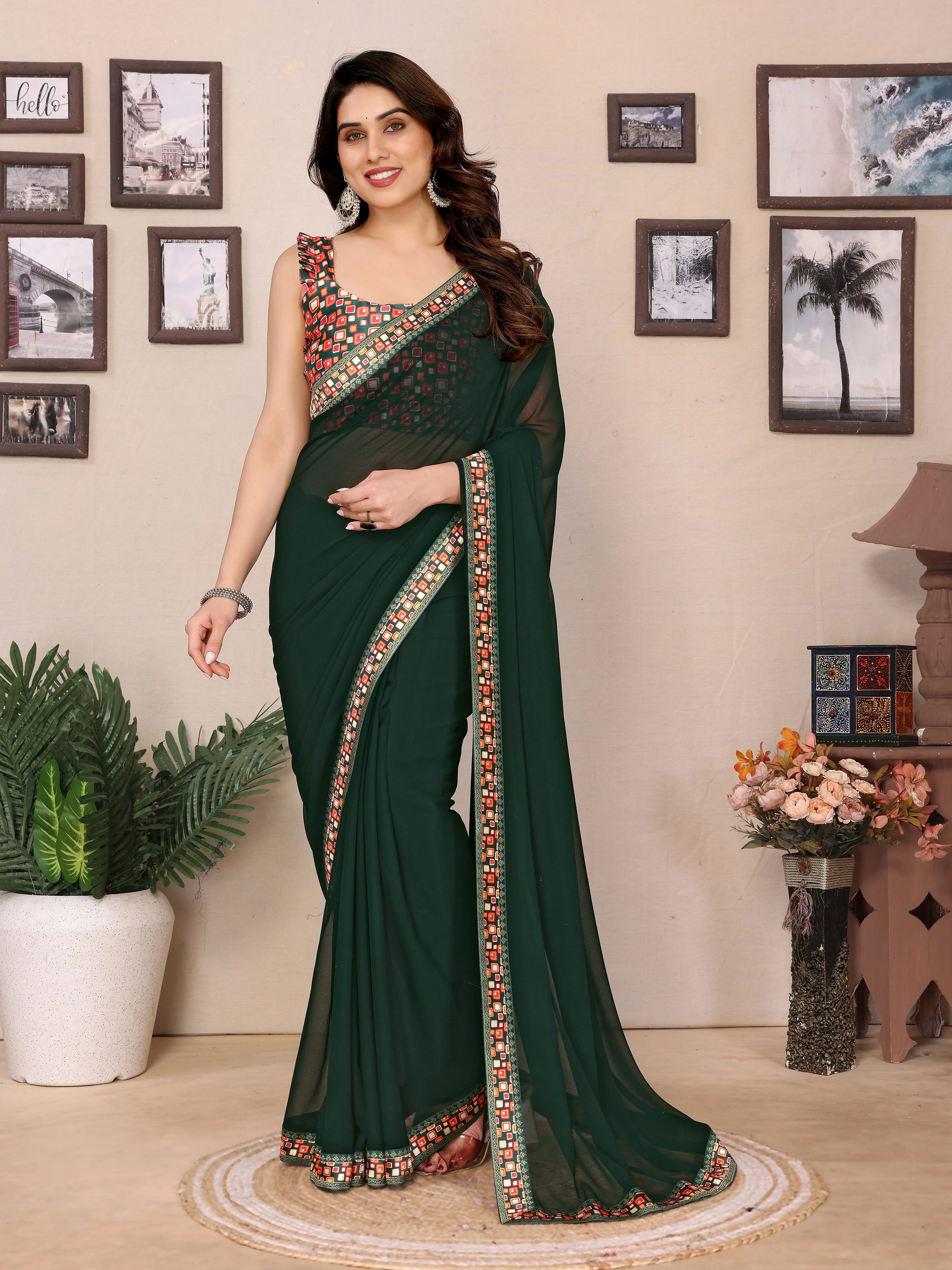 SHYAMIKA Georgette Plain Saree with Digital Print Lace & Blouse