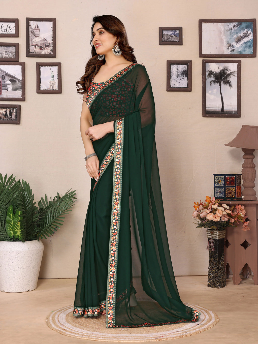 SHYAMIKA Georgette Plain Saree with Digital Print Lace & Blouse