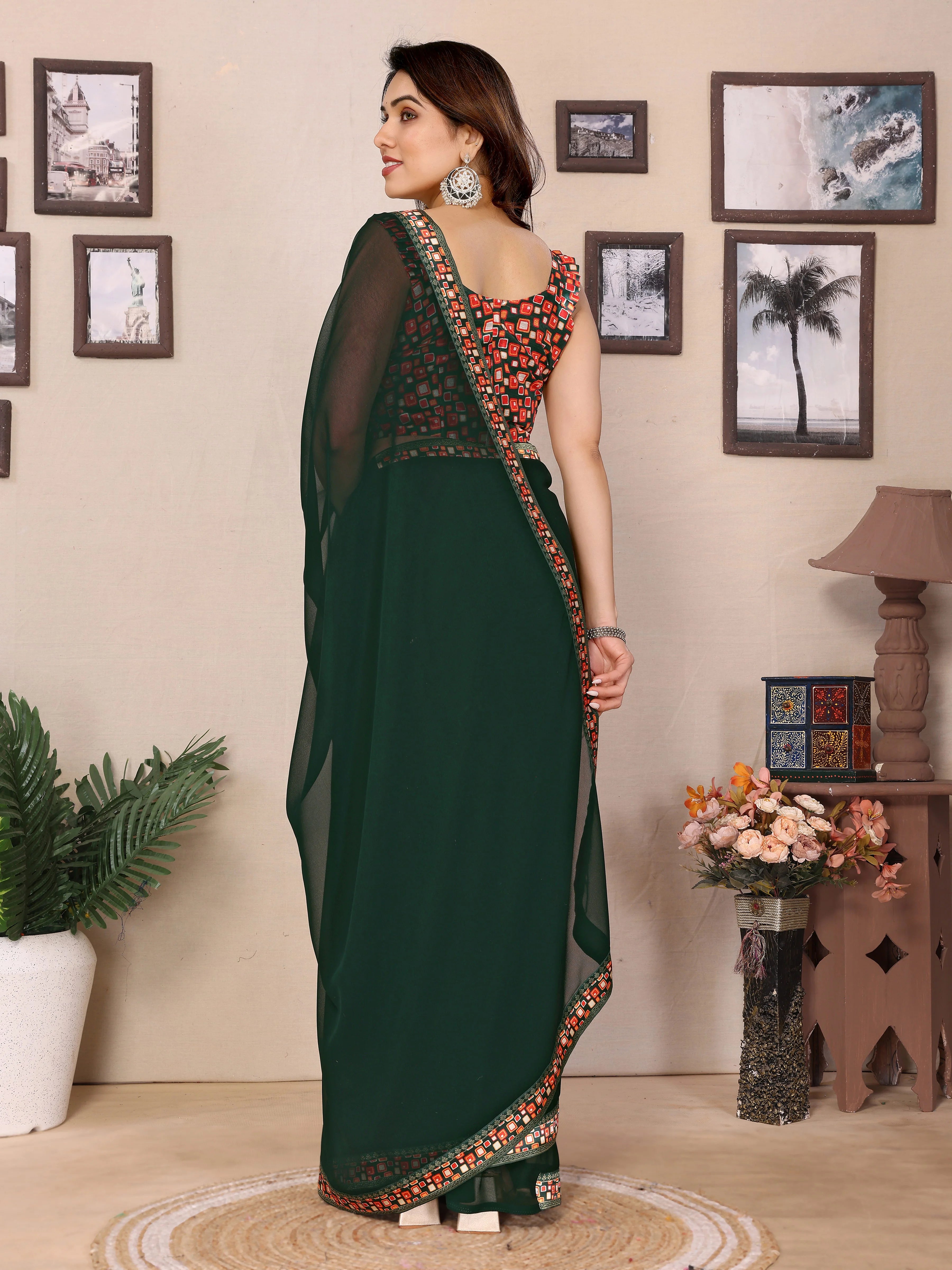 SHYAMIKA Georgette Plain Saree with Digital Print Lace & Blouse