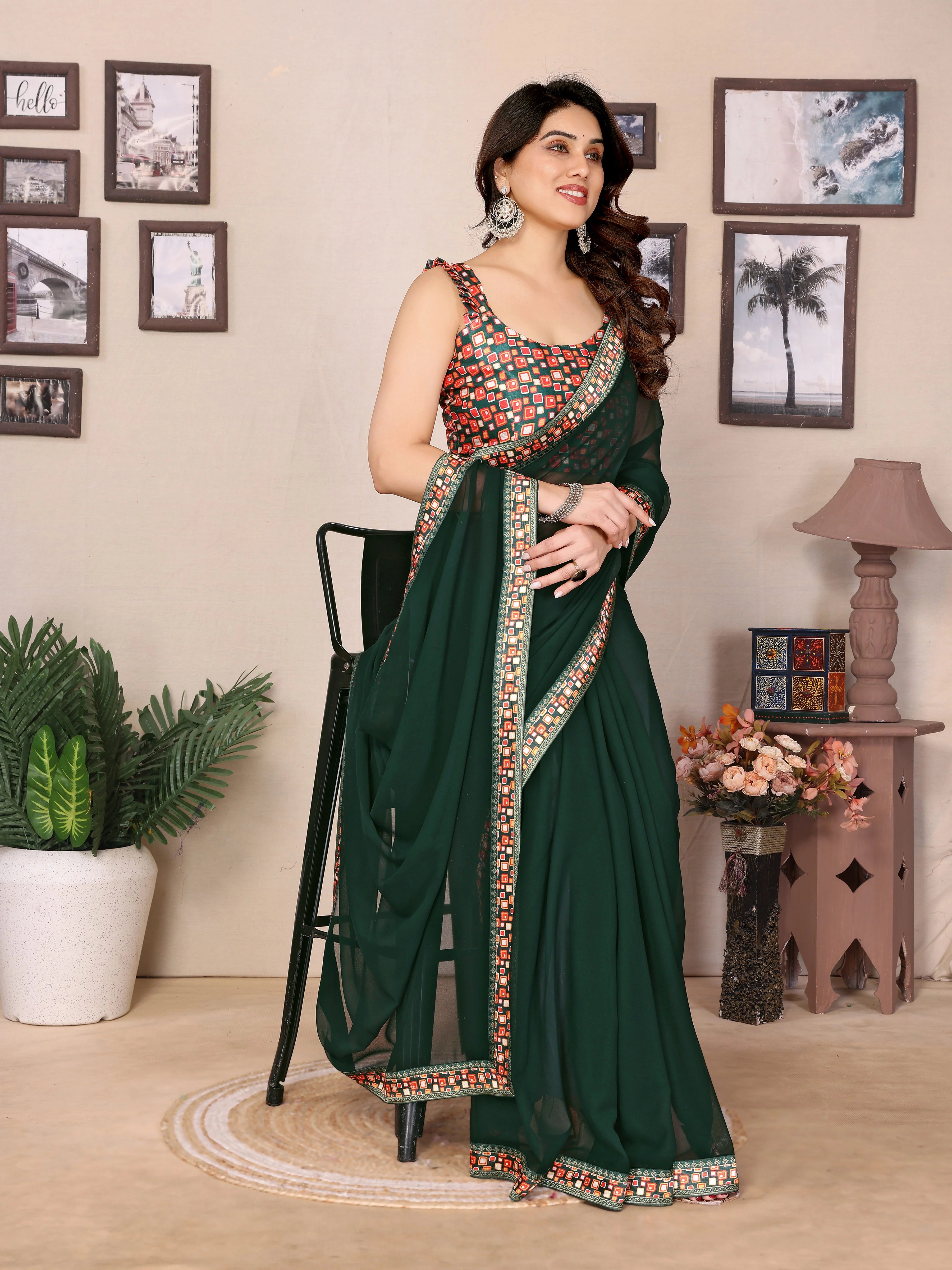 SHYAMIKA Georgette Plain Saree with Digital Print Lace & Blouse