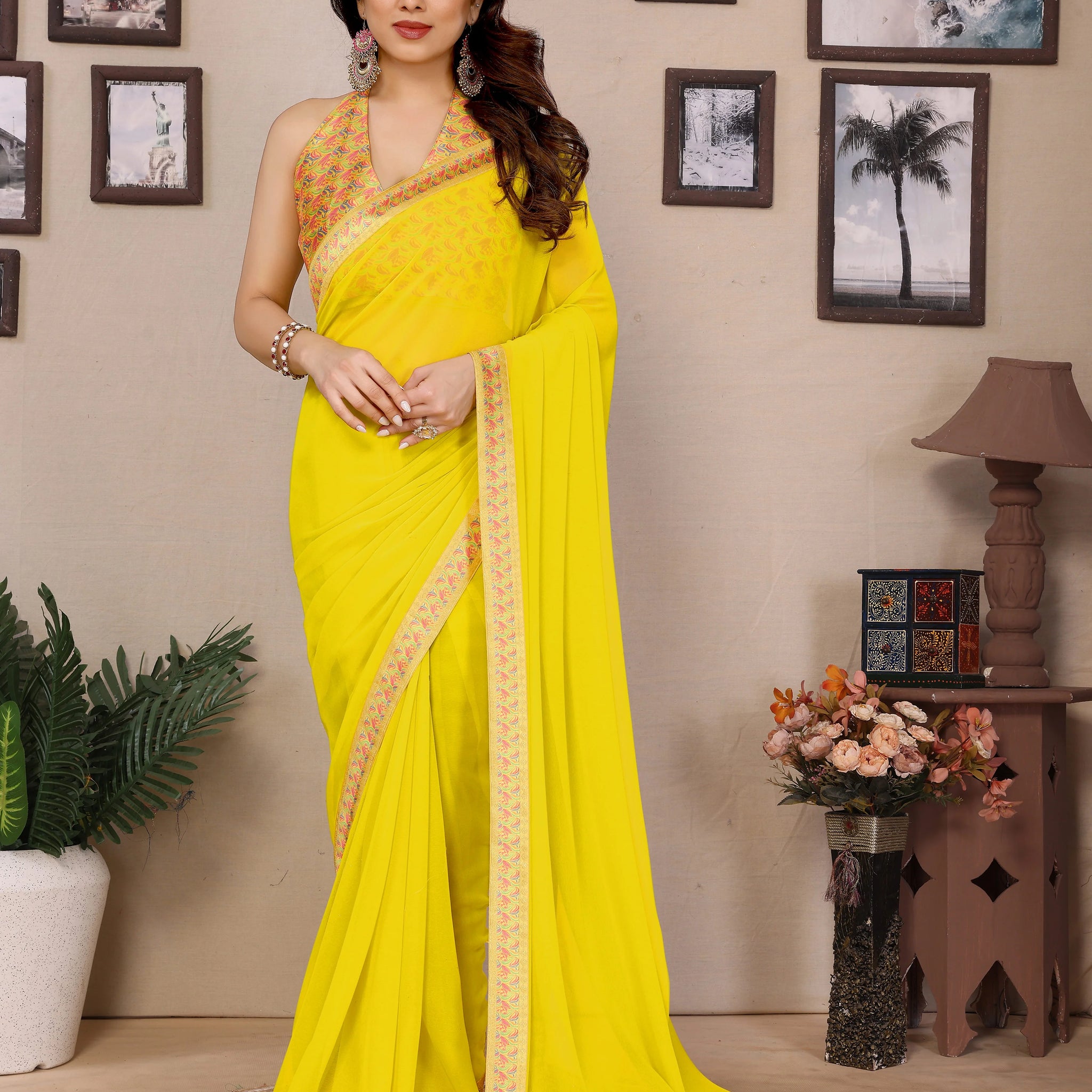 SHYAMIKA Georgette Plain Saree with Digital Print Lace & Blouse
