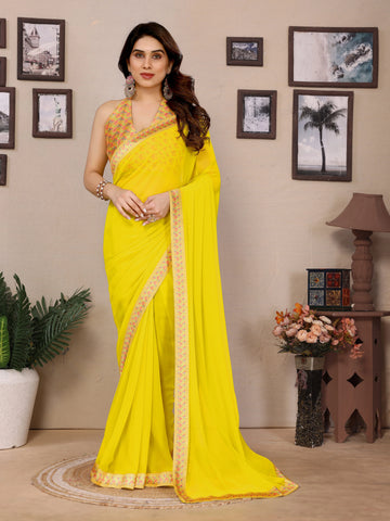 SHYAMIKA Georgette Plain Saree with Digital Print Lace & Blouse