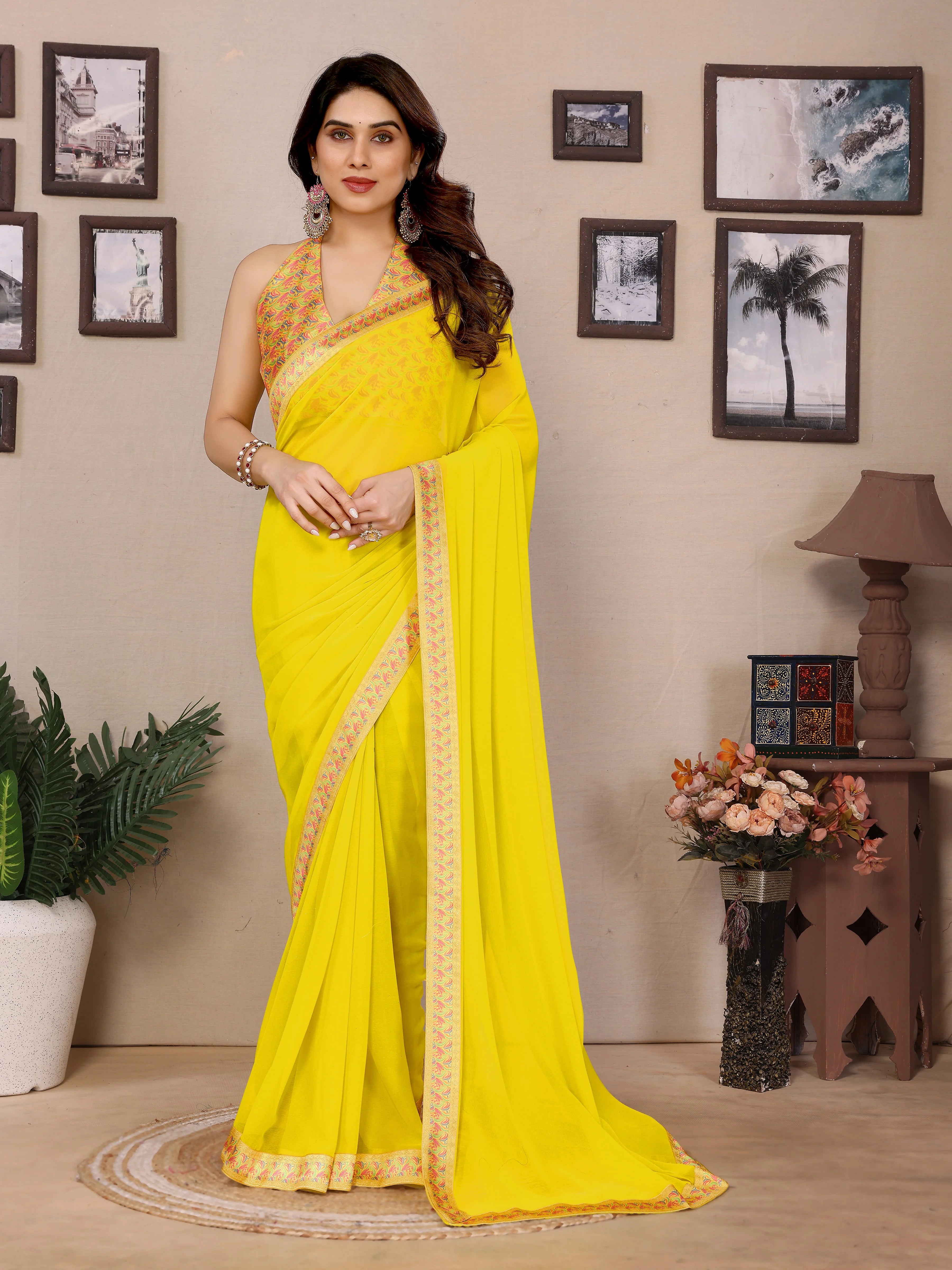 SHYAMIKA Georgette Plain Saree with Digital Print Lace & Blouse