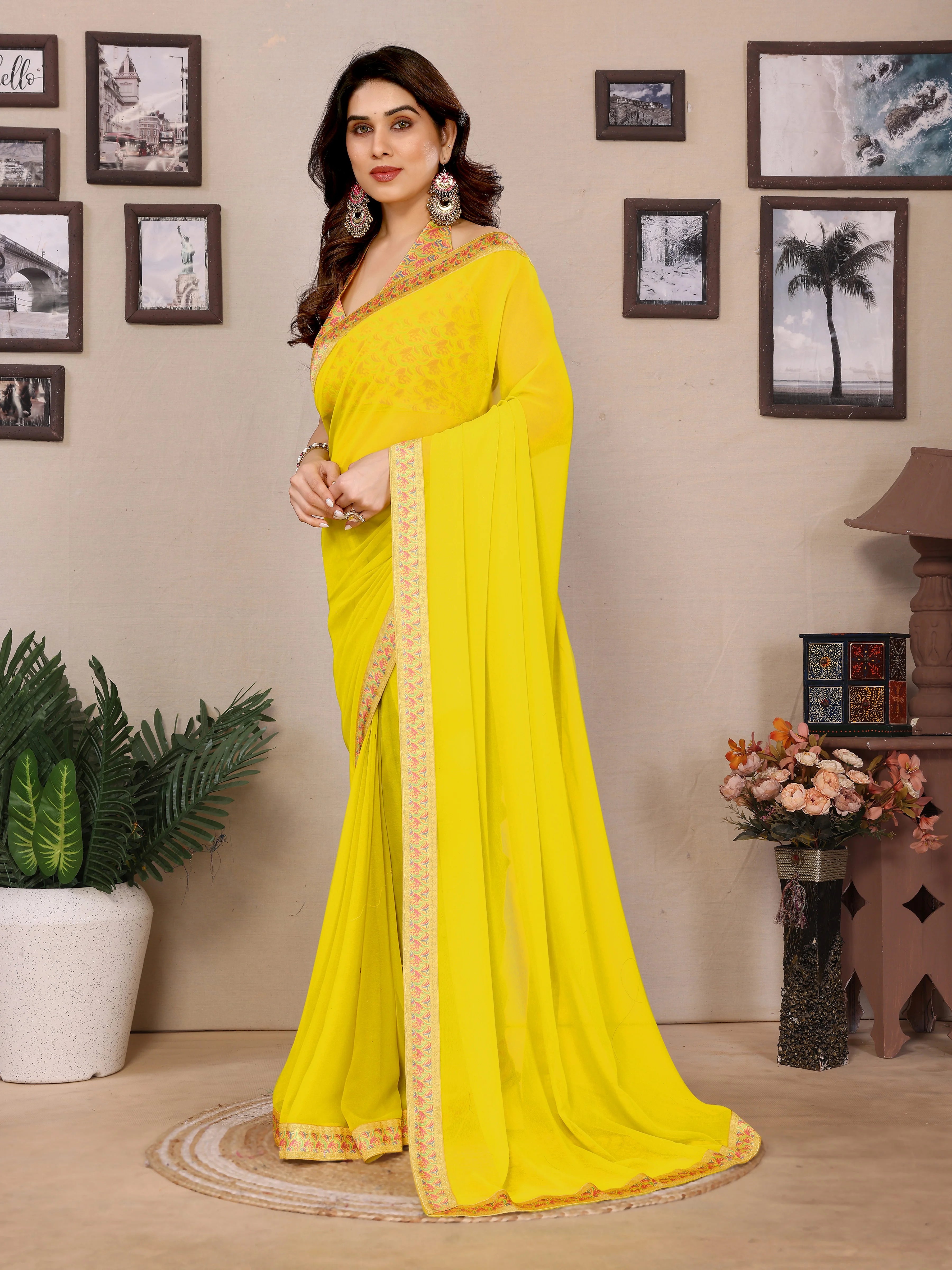 SHYAMIKA Georgette Plain Saree with Digital Print Lace & Blouse