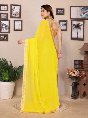 SHYAMIKA Georgette Plain Saree with Digital Print Lace & Blouse