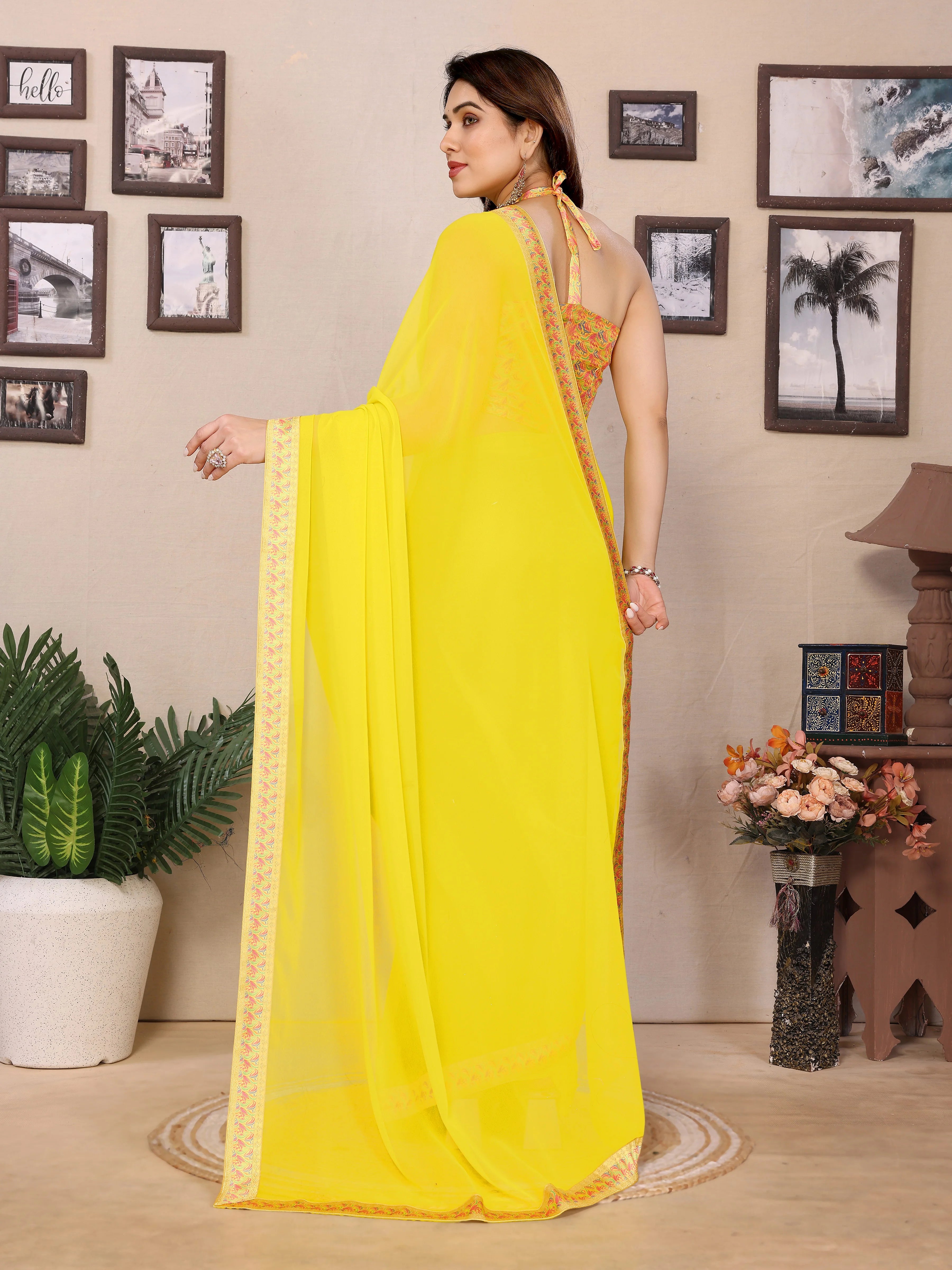 SHYAMIKA Georgette Plain Saree with Digital Print Lace & Blouse