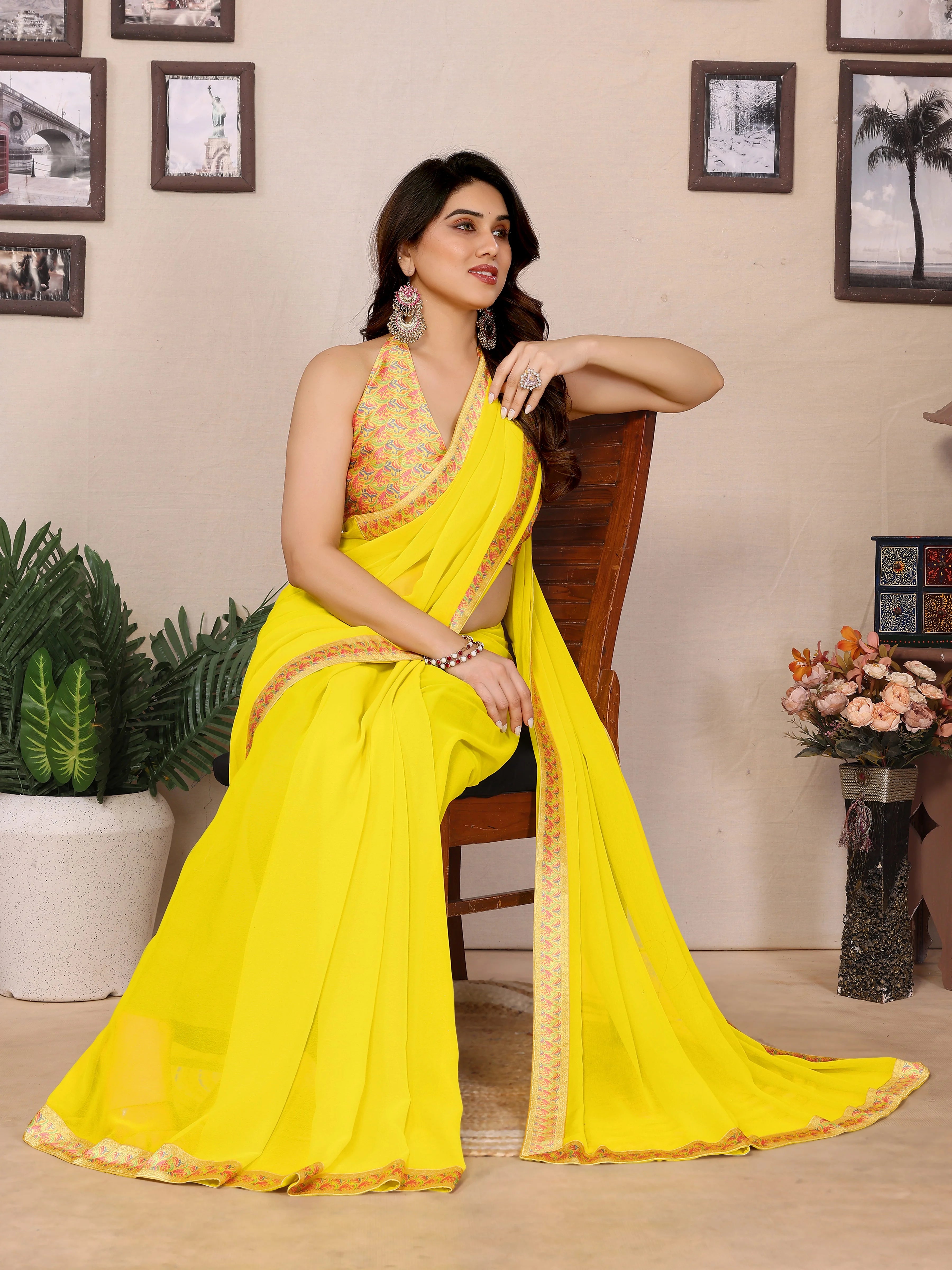 SHYAMIKA Georgette Plain Saree with Digital Print Lace & Blouse