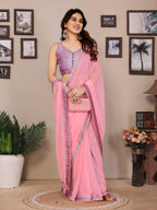 SHYAMIKA Georgette Plain Saree with Digital Print Lace & Blouse