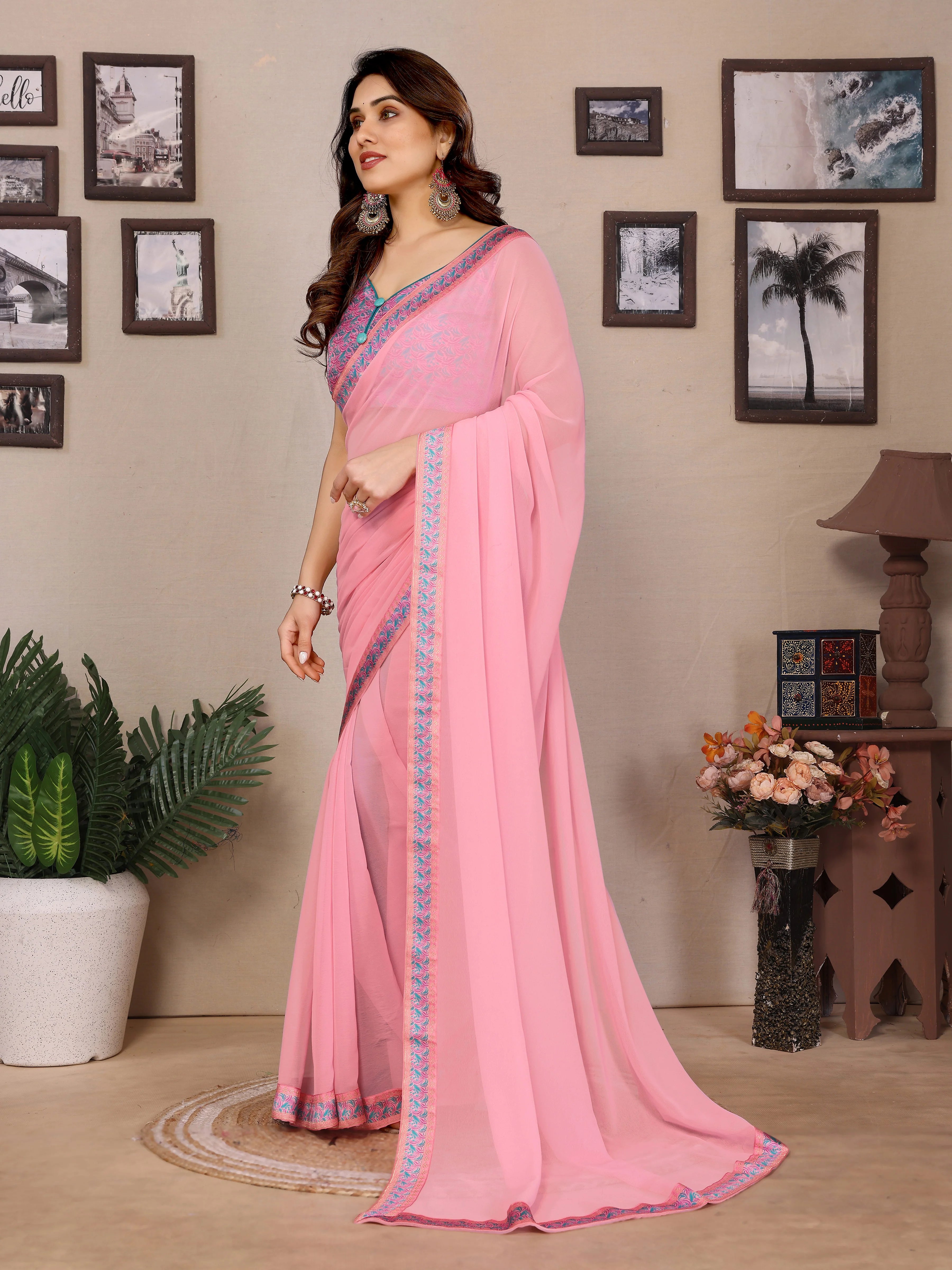 SHYAMIKA Georgette Plain Saree with Digital Print Lace & Blouse