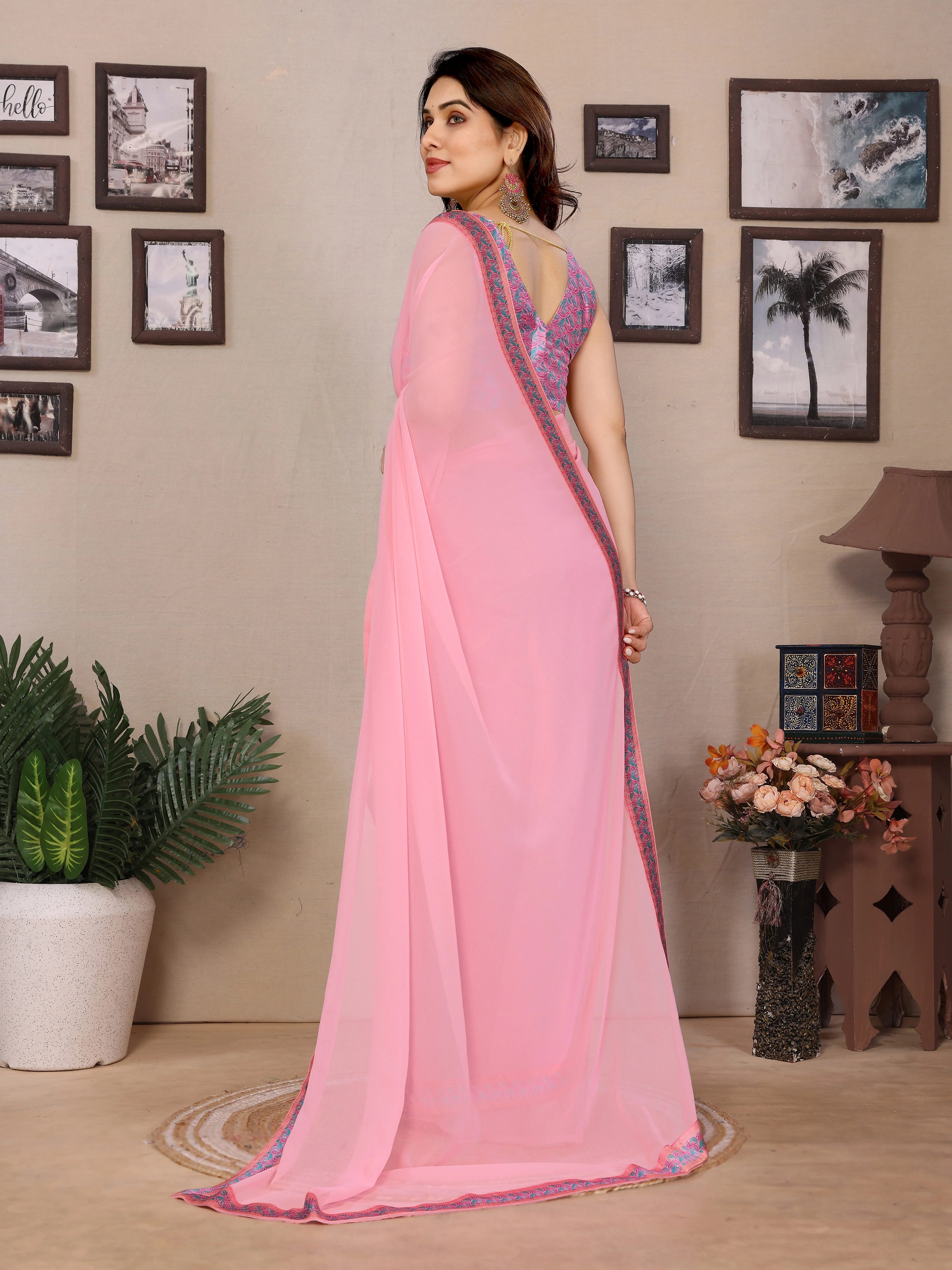 SHYAMIKA Georgette Plain Saree with Digital Print Lace & Blouse