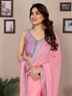 SHYAMIKA Georgette Plain Saree with Digital Print Lace & Blouse