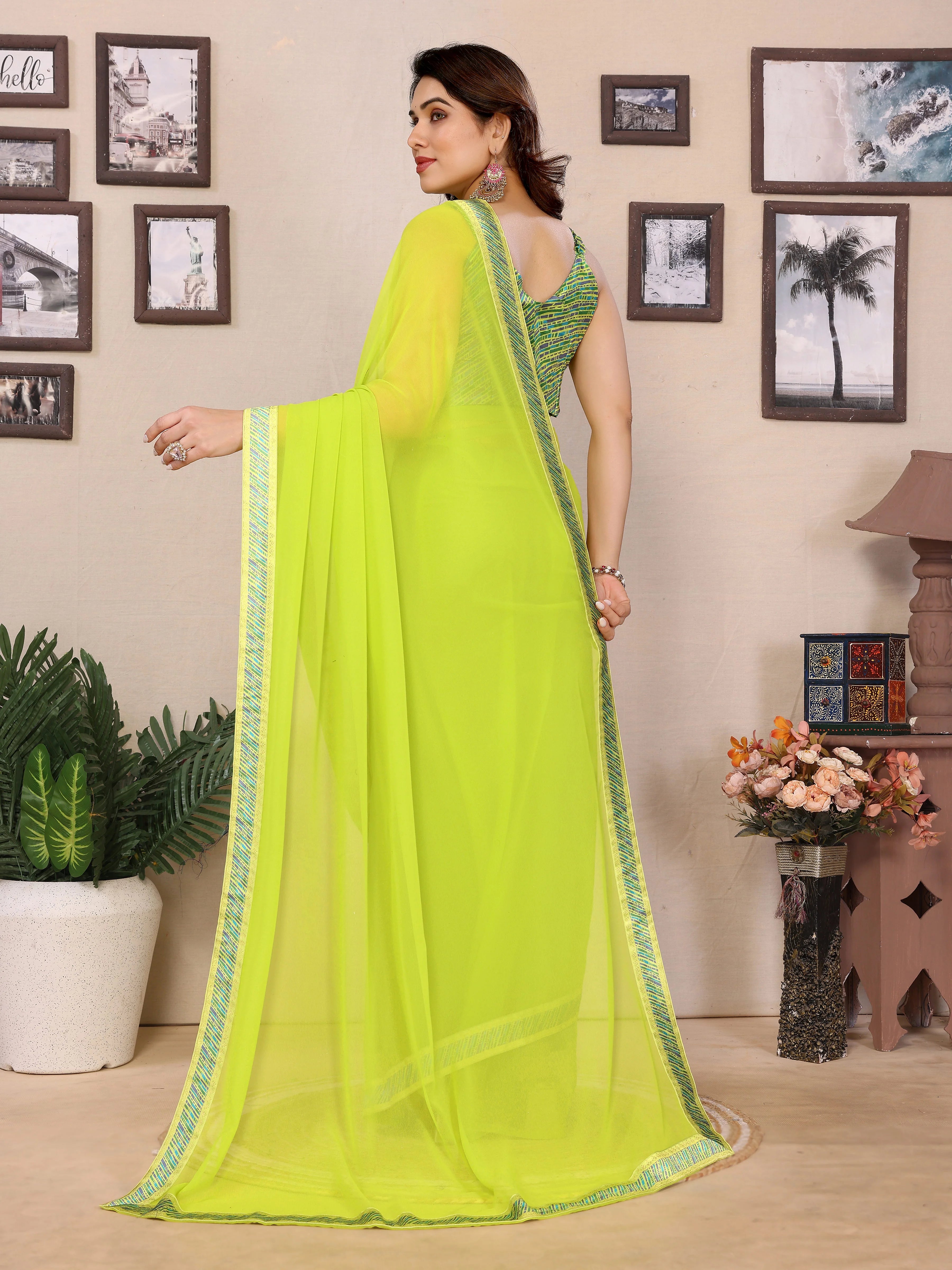 SHYAMIKA Georgette Plain Saree with Digital Print Lace & Blouse