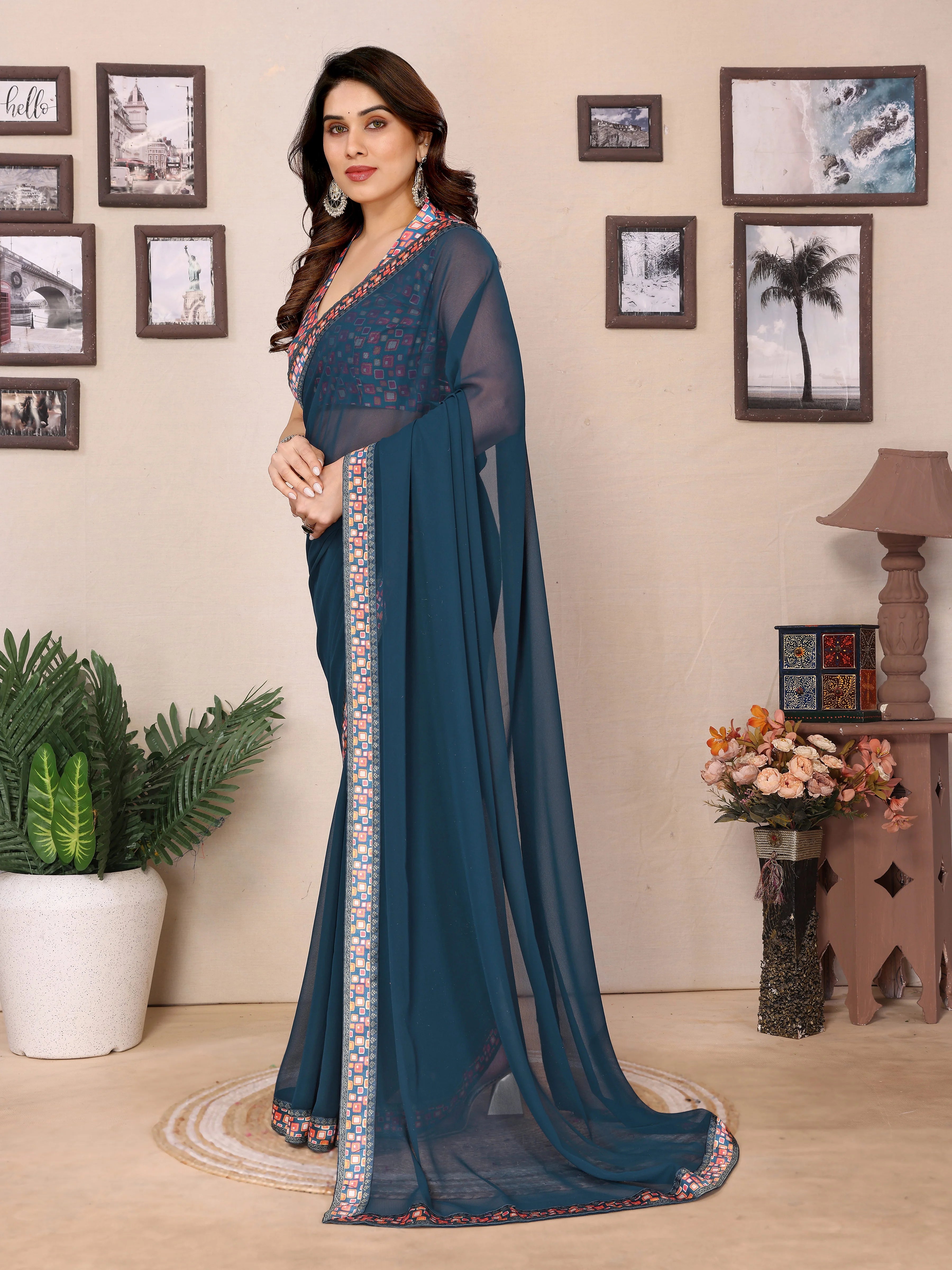 SHYAMIKA Georgette Plain Saree with Digital Print Lace & Blouse
