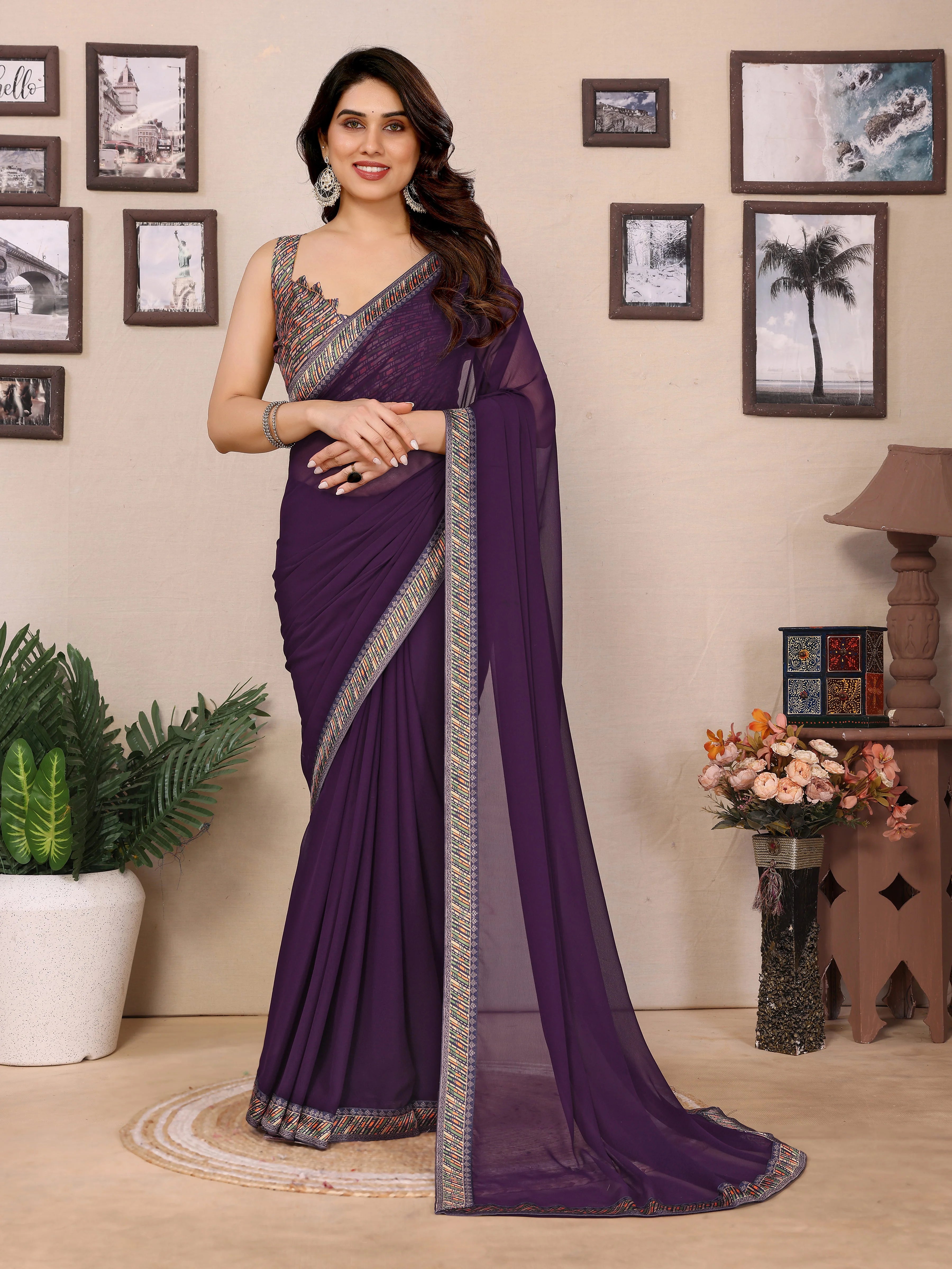 SHYAMIKA Georgette Plain Saree with Digital Print Lace & Blouse