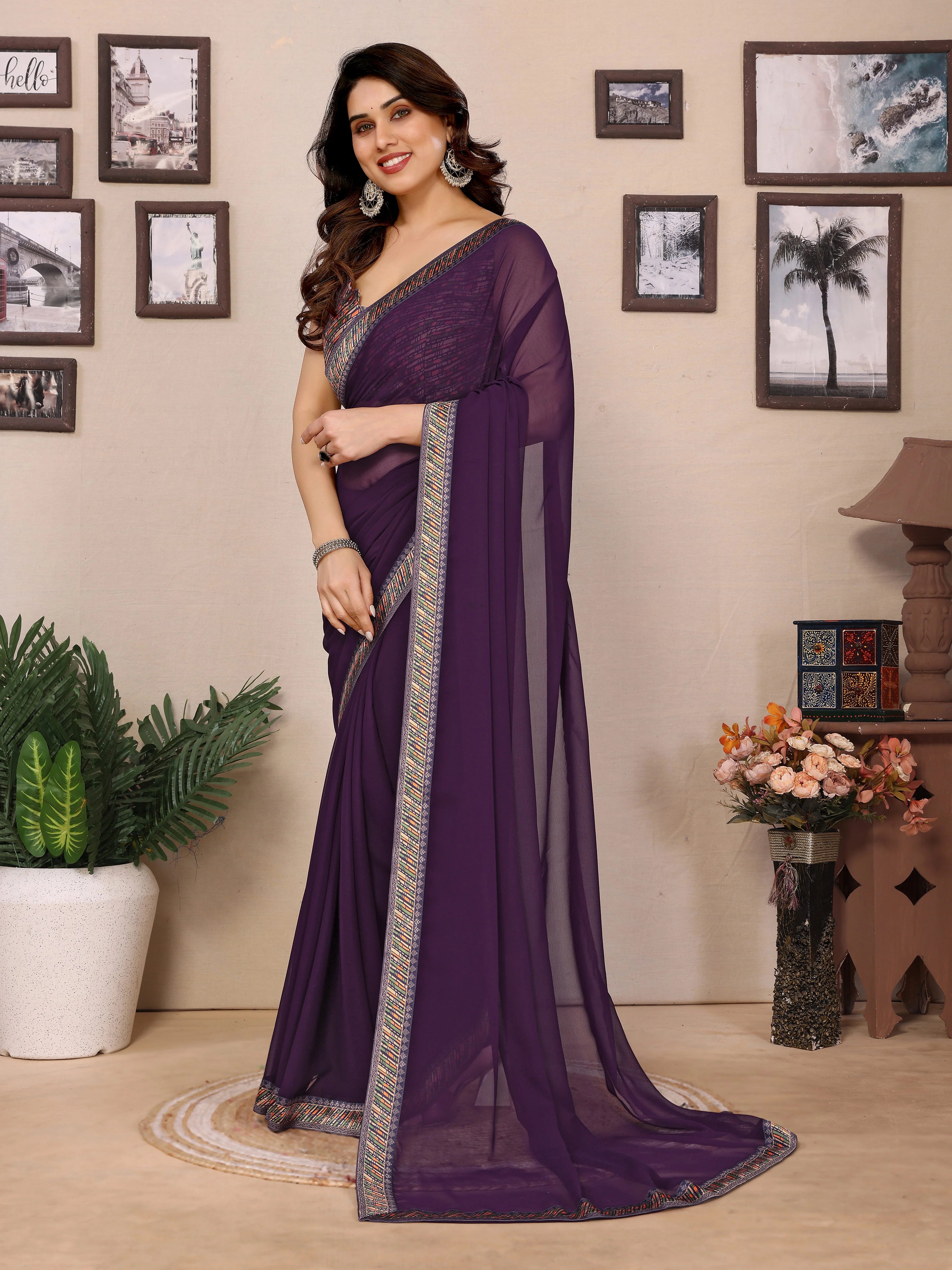 SHYAMIKA Georgette Plain Saree with Digital Print Lace & Blouse