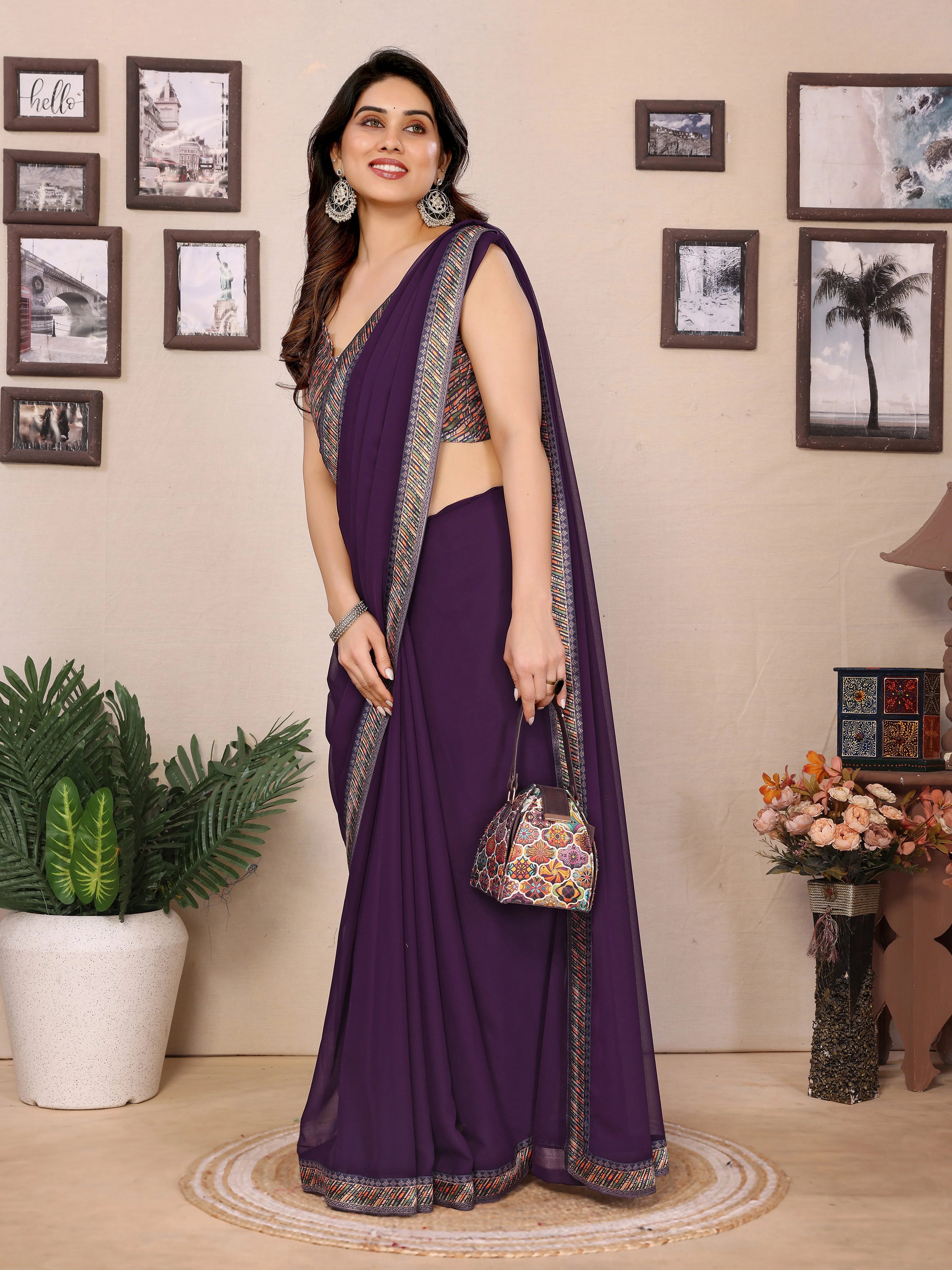 SHYAMIKA Georgette Plain Saree with Digital Print Lace & Blouse