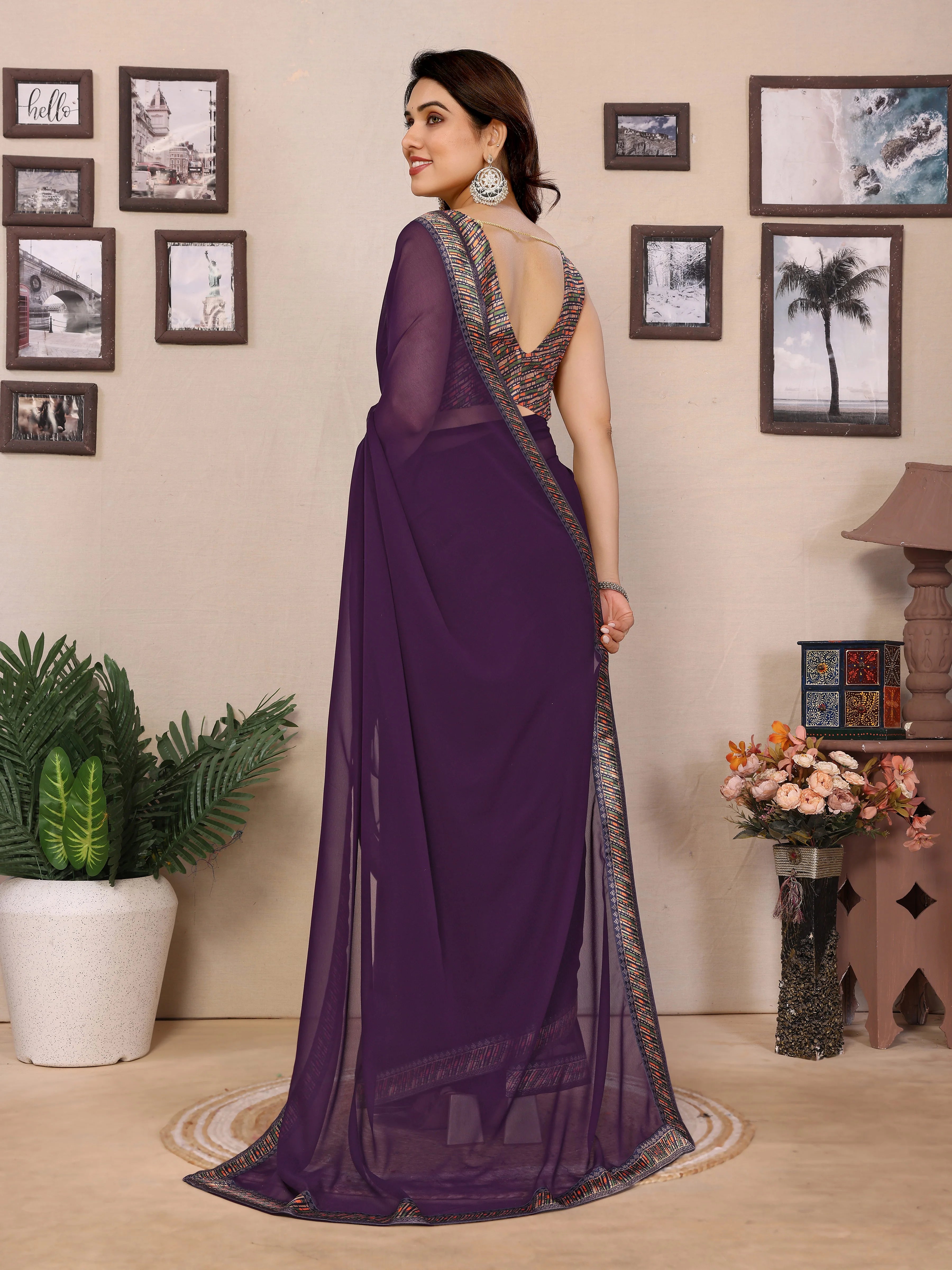 SHYAMIKA Georgette Plain Saree with Digital Print Lace & Blouse