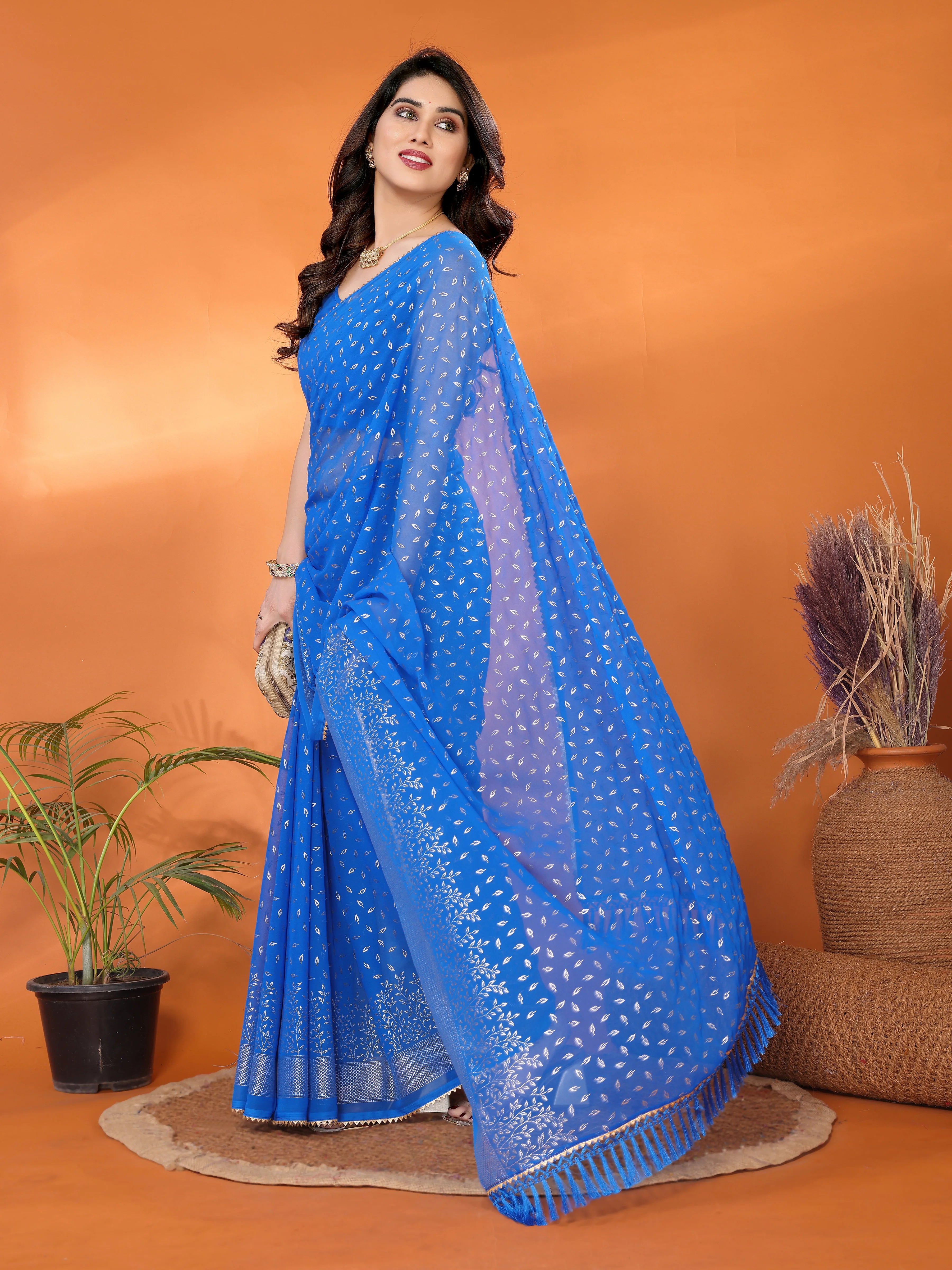 SHYAMIKA Georgette Saree with Foil Work, Zalar Lace & Blouse