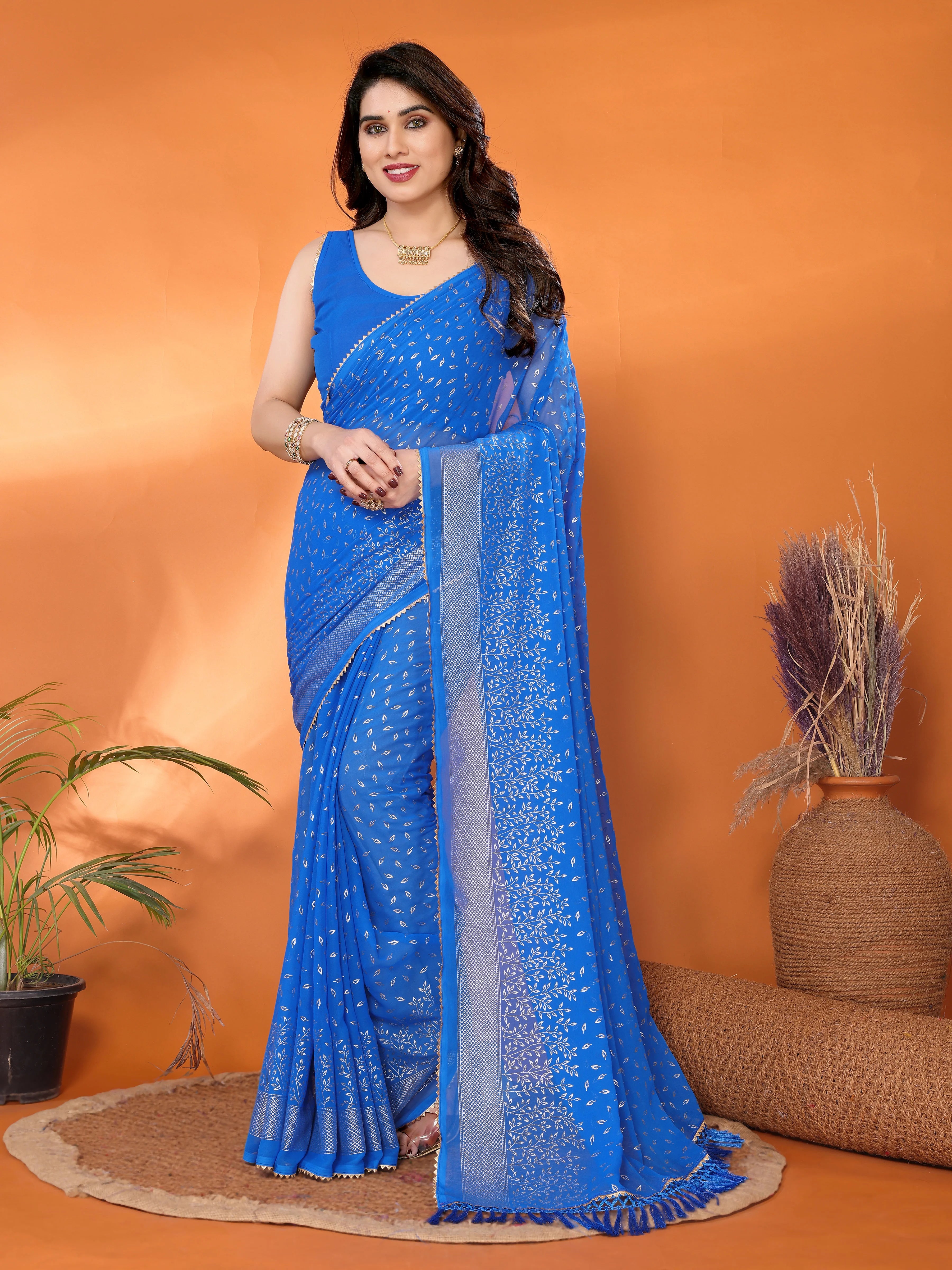 SHYAMIKA Georgette Saree with Foil Work, Zalar Lace & Blouse