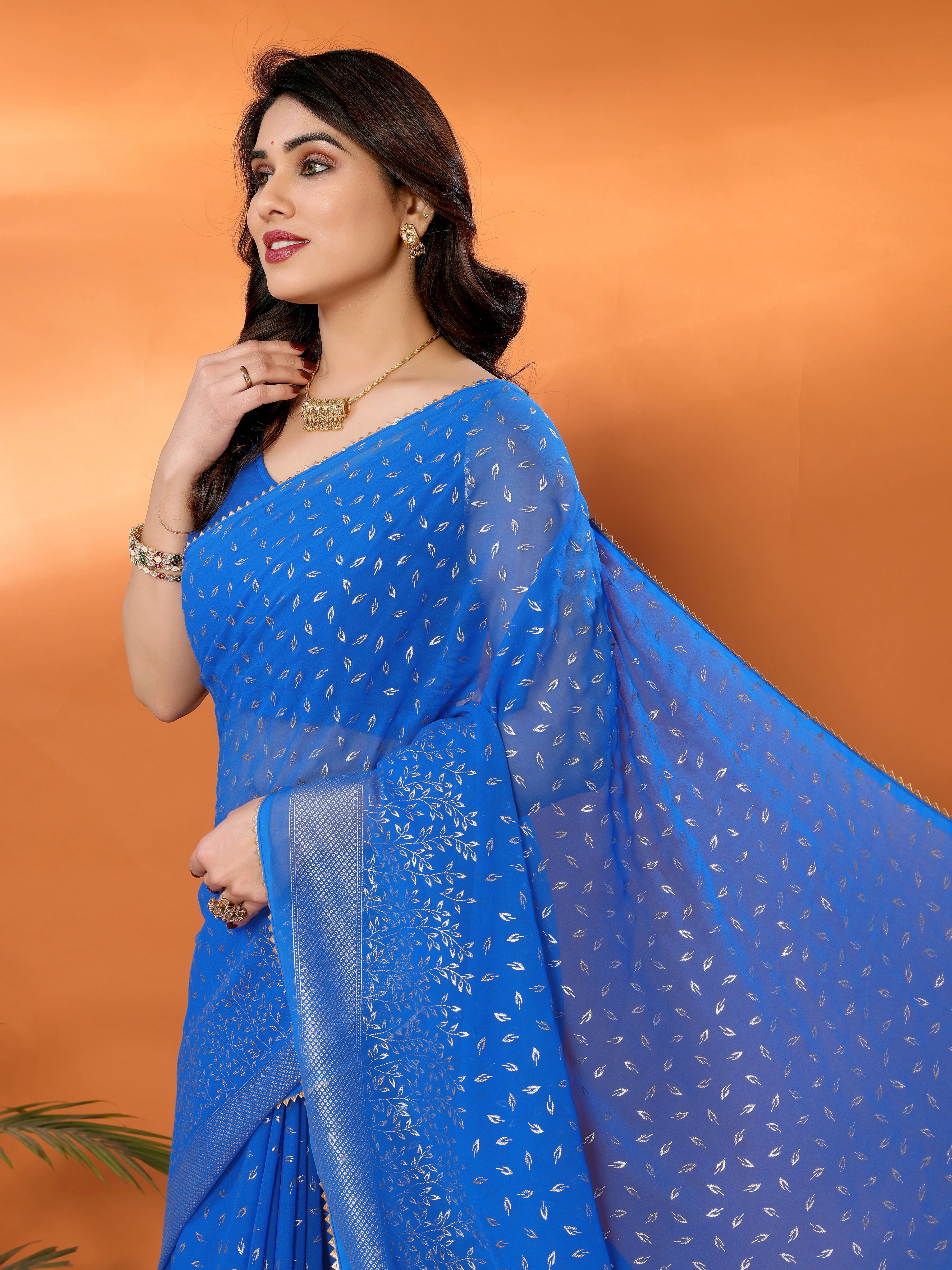 SHYAMIKA Georgette Saree with Foil Work, Zalar Lace & Blouse