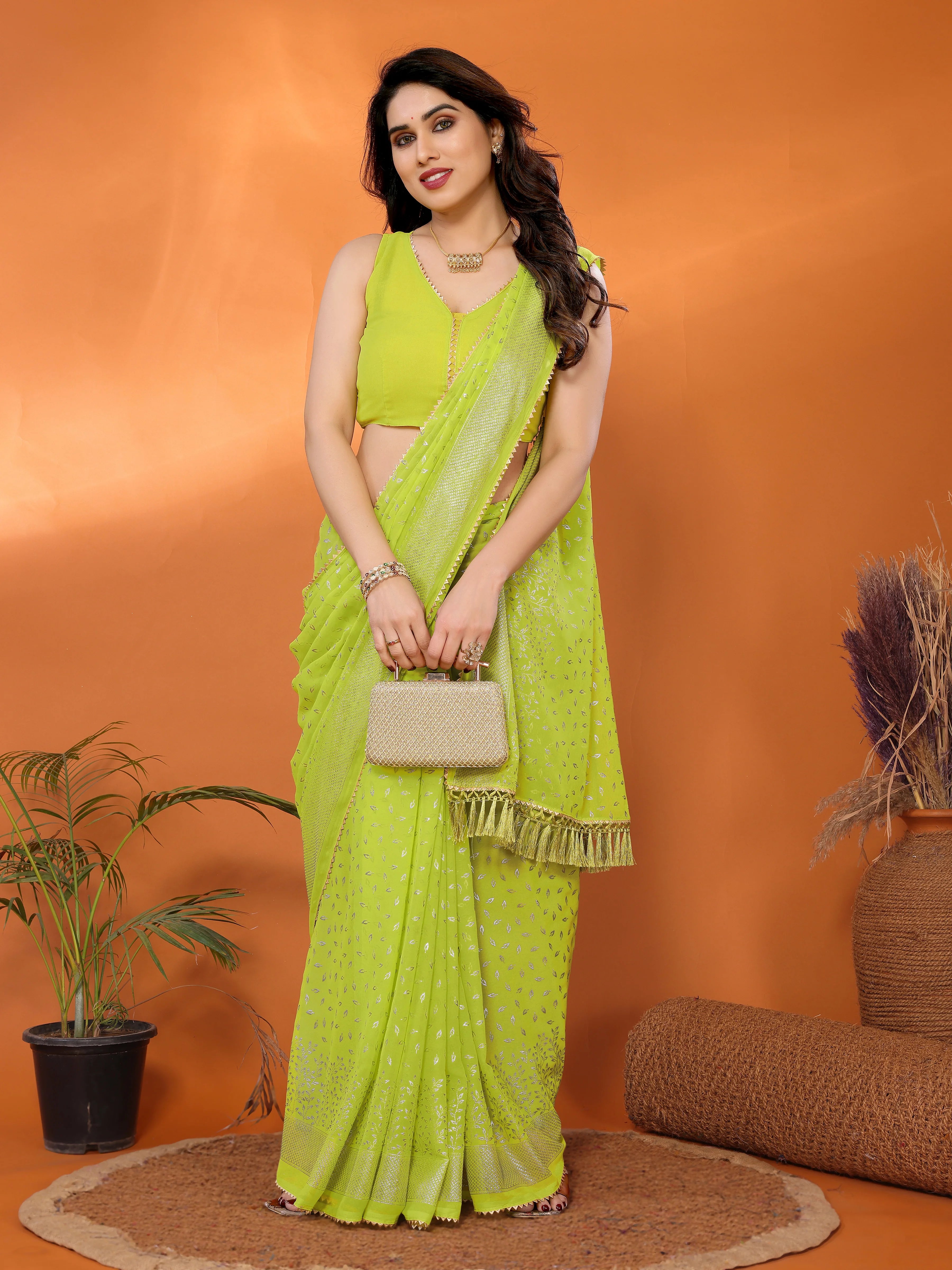 SHYAMIKA Georgette Saree with Foil Work, Zalar Lace & Blouse