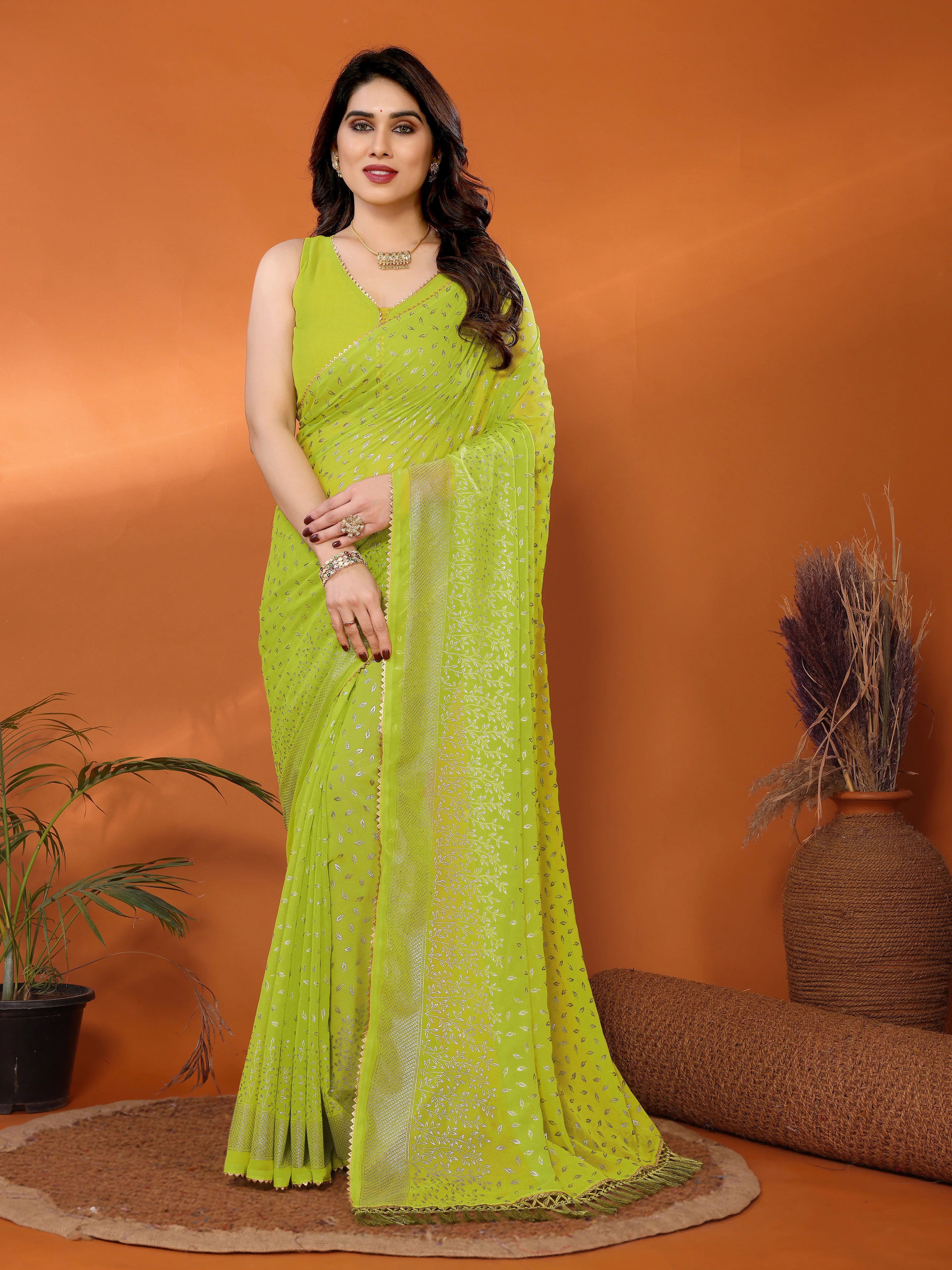 SHYAMIKA Georgette Saree with Foil Work, Zalar Lace & Blouse